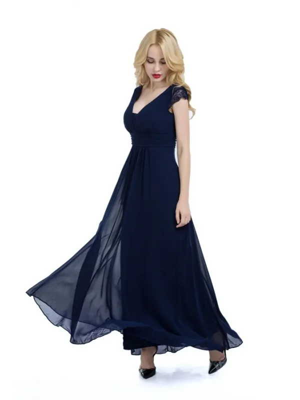 Abito elegante blu lungo alla caviglia con scollo a V