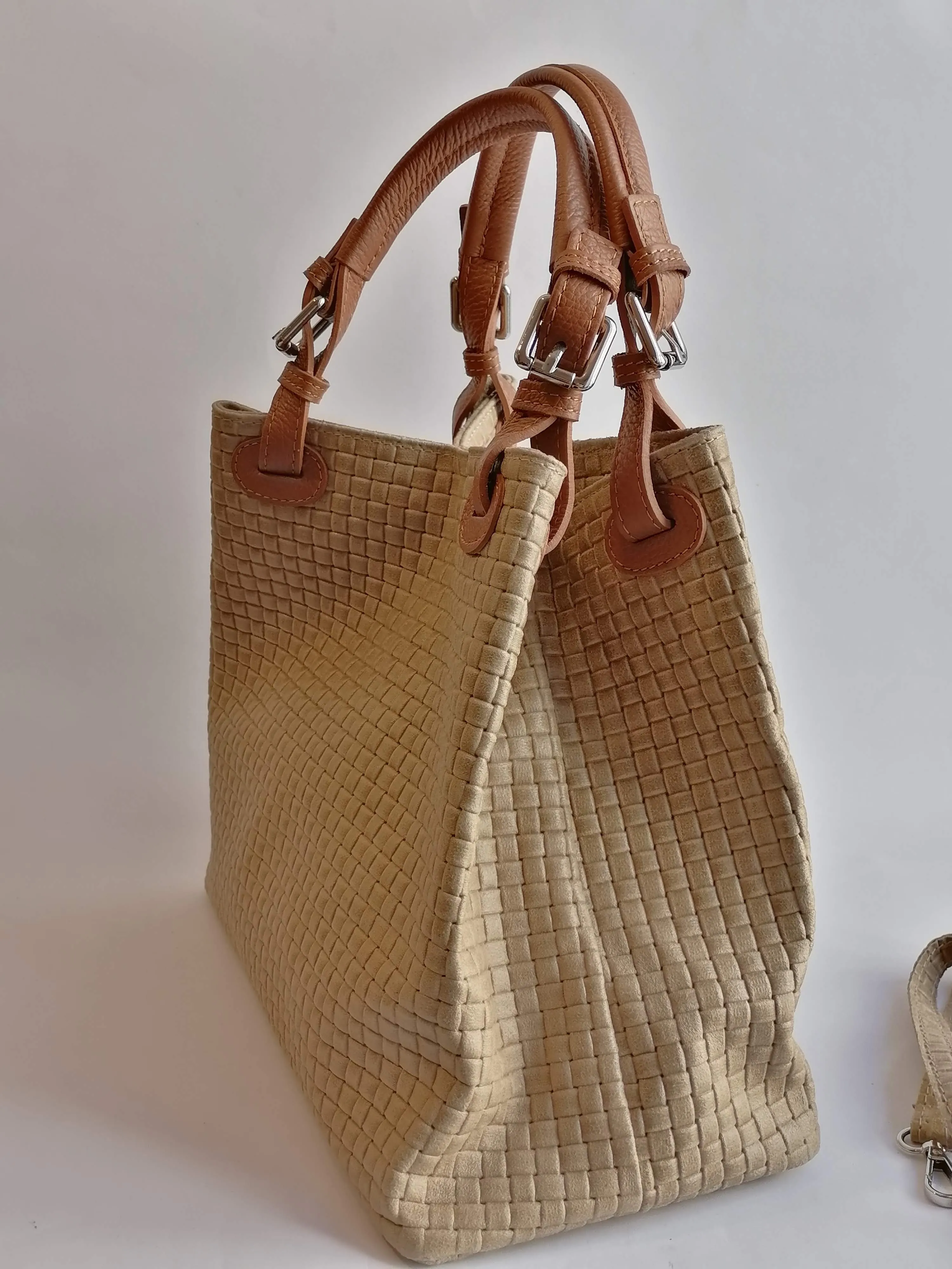 Borsa Shopper Trapezio in Vera Pelle Intrecciata Stampata
