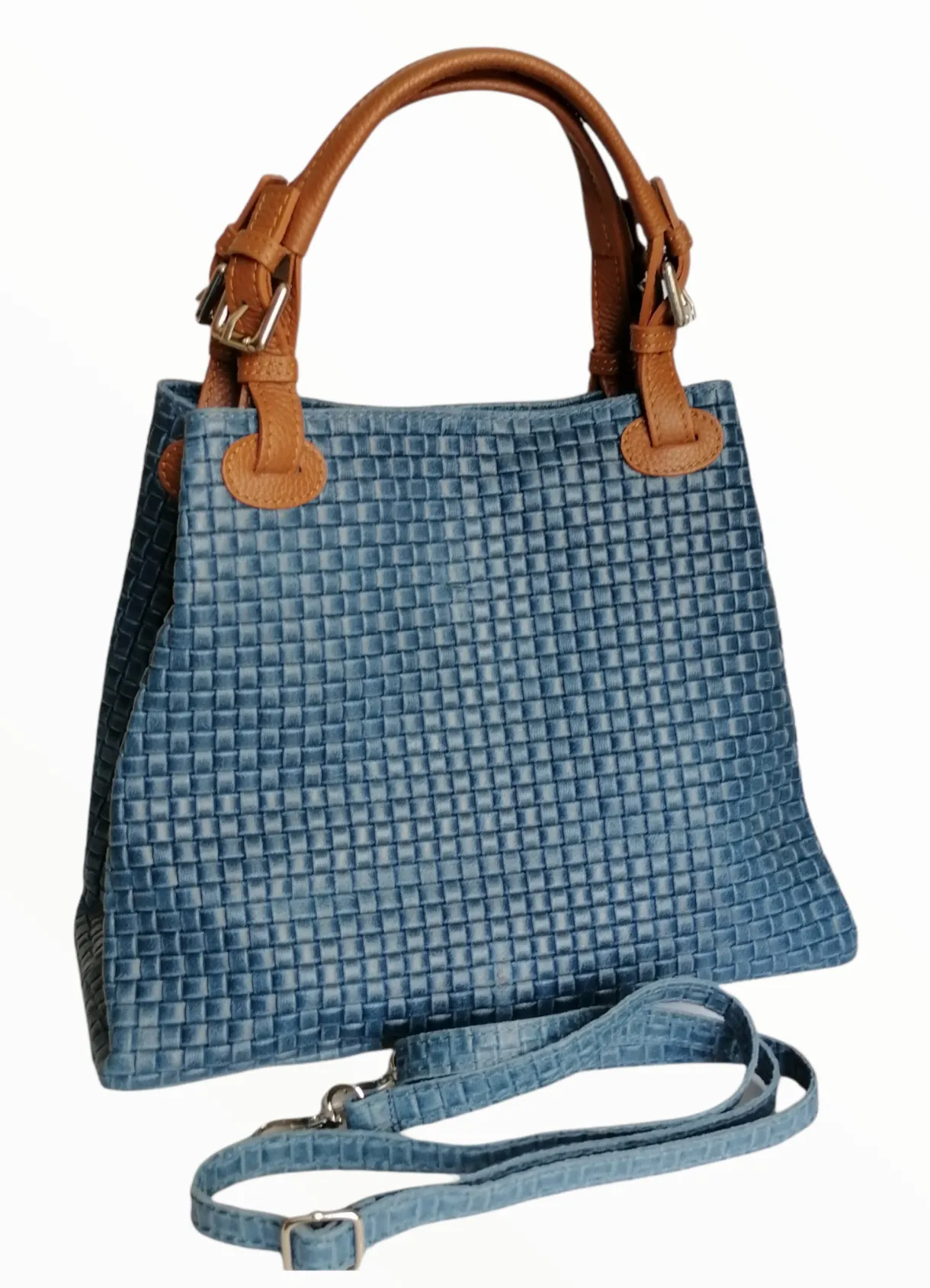 Borsa Shopper Trapezio in Vera Pelle Intrecciata Stampata