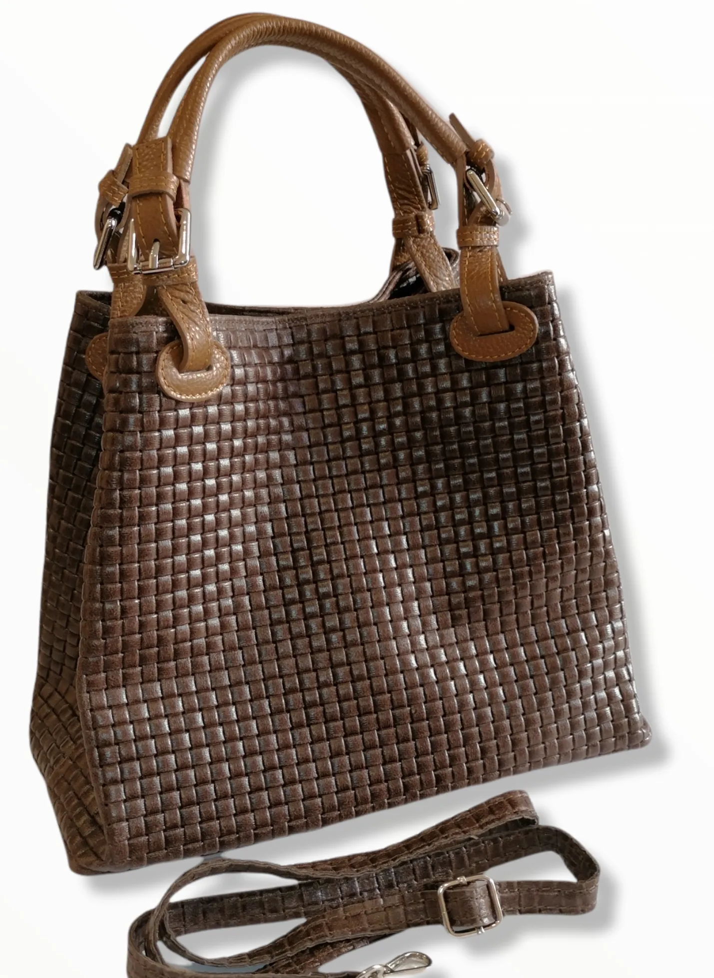 Borsa Shopper Trapezio in Vera Pelle Intrecciata Stampata