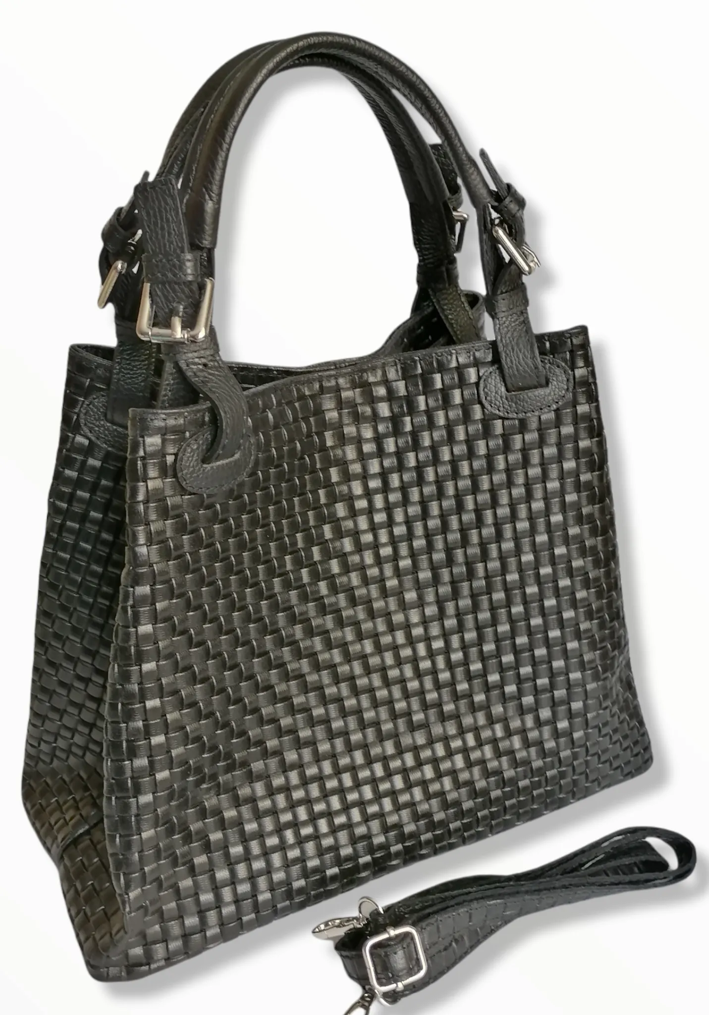 Borsa Shopper Trapezio in Vera Pelle Intrecciata Stampata
