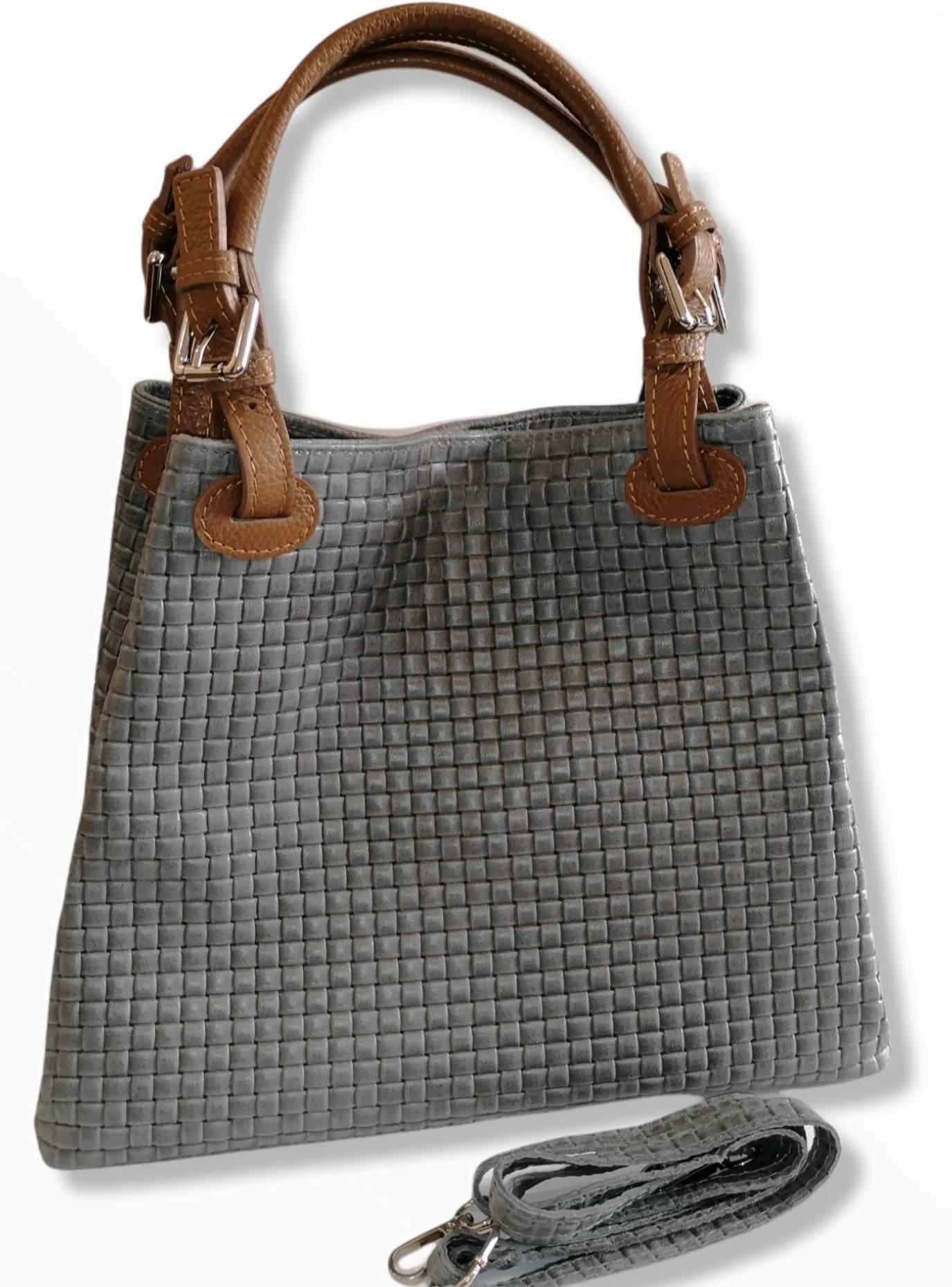 Borsa Shopper Trapezio in Vera Pelle Intrecciata Stampata