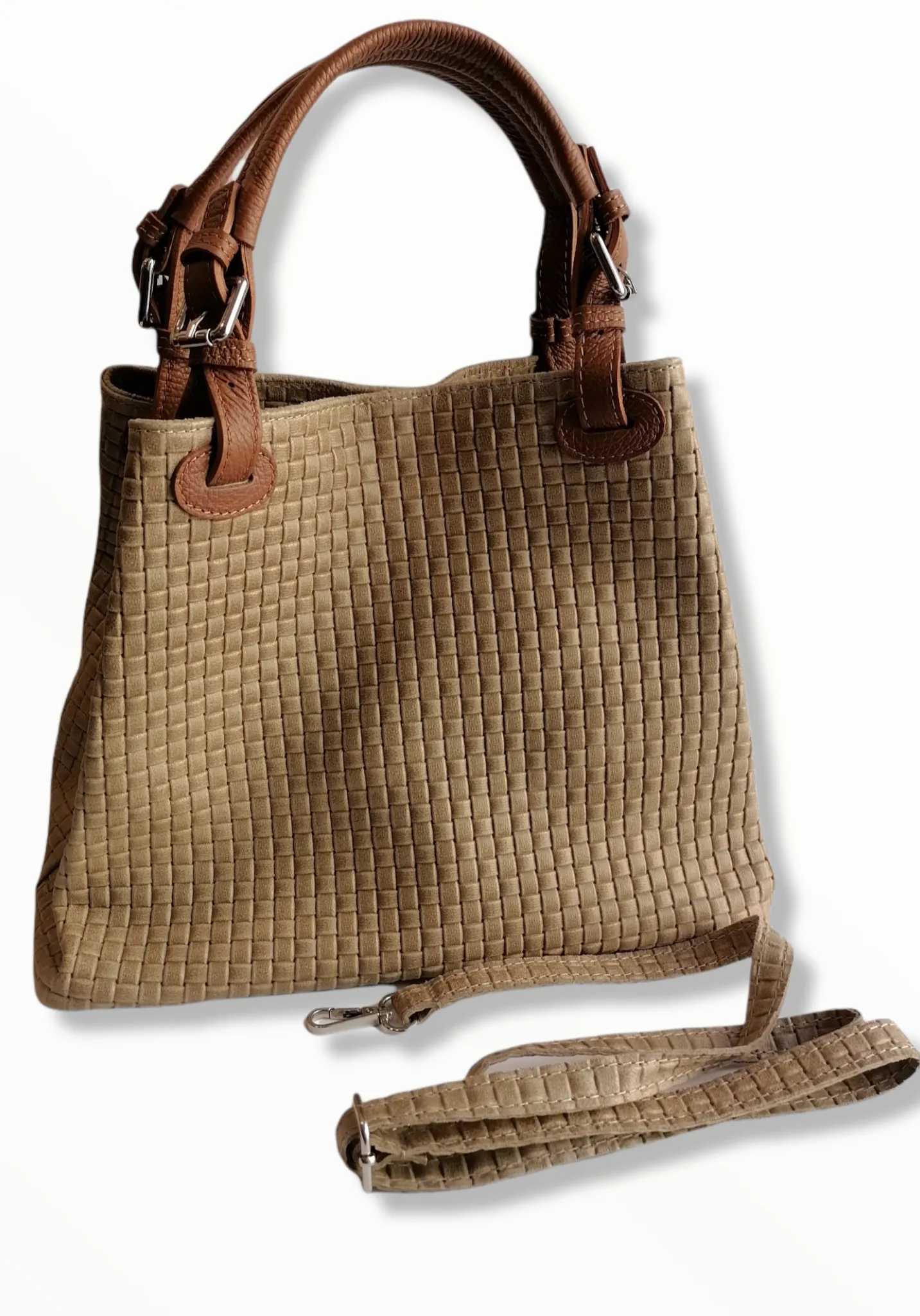 Borsa Shopper Trapezio in Vera Pelle Intrecciata Stampata