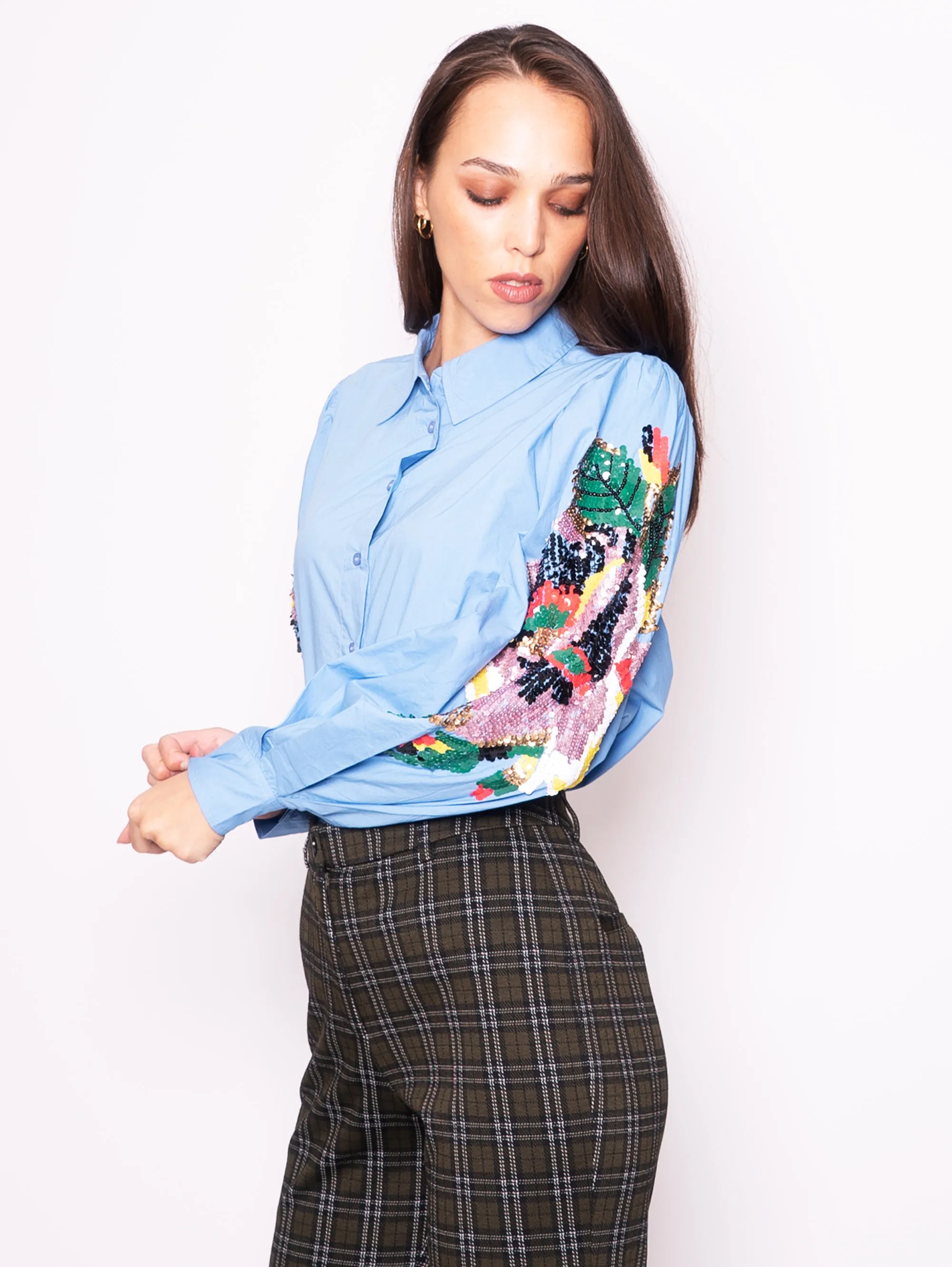 Camicia con Maniche Ricamate Blu