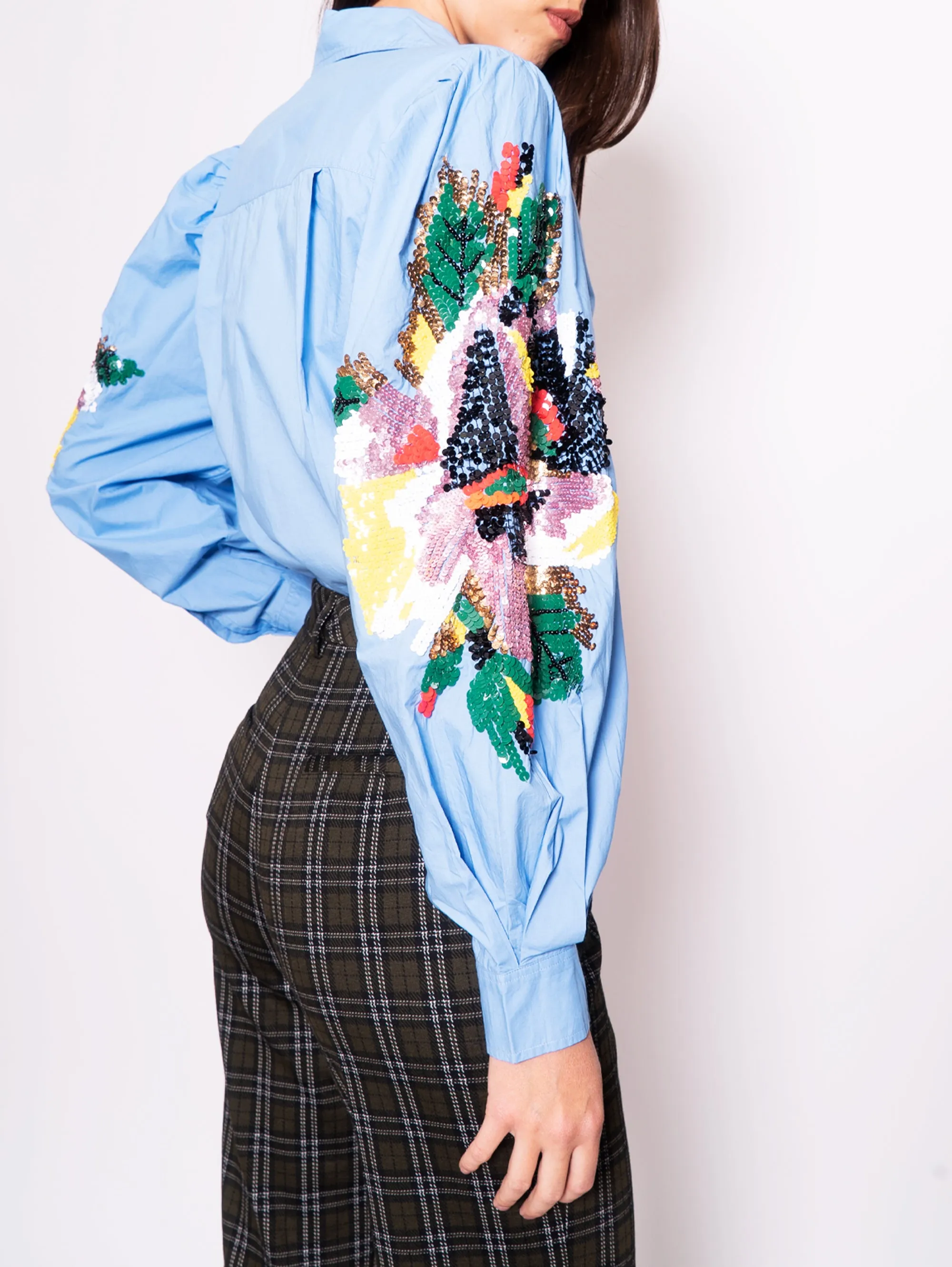 Camicia con Maniche Ricamate Blu