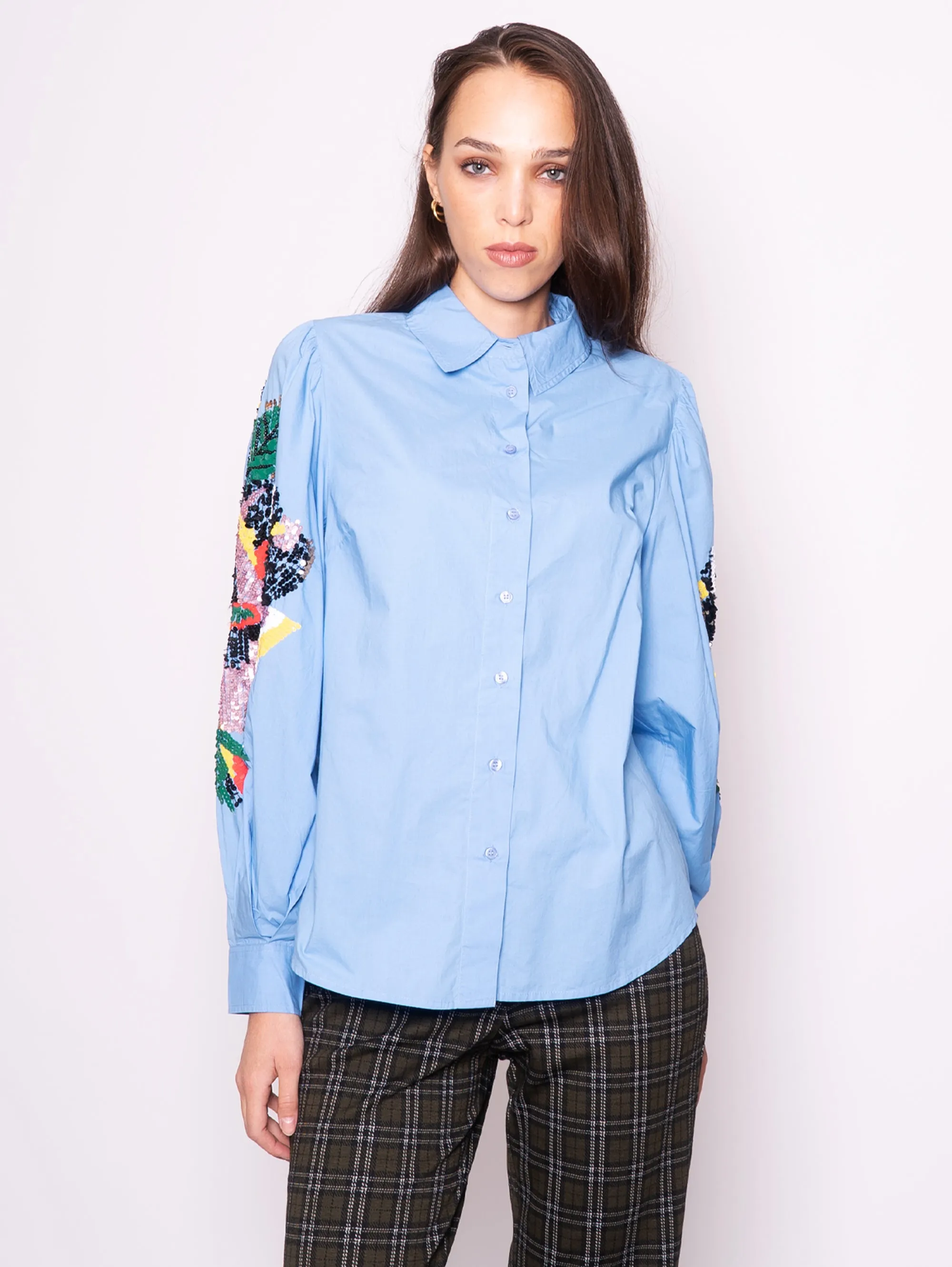 Camicia con Maniche Ricamate Blu