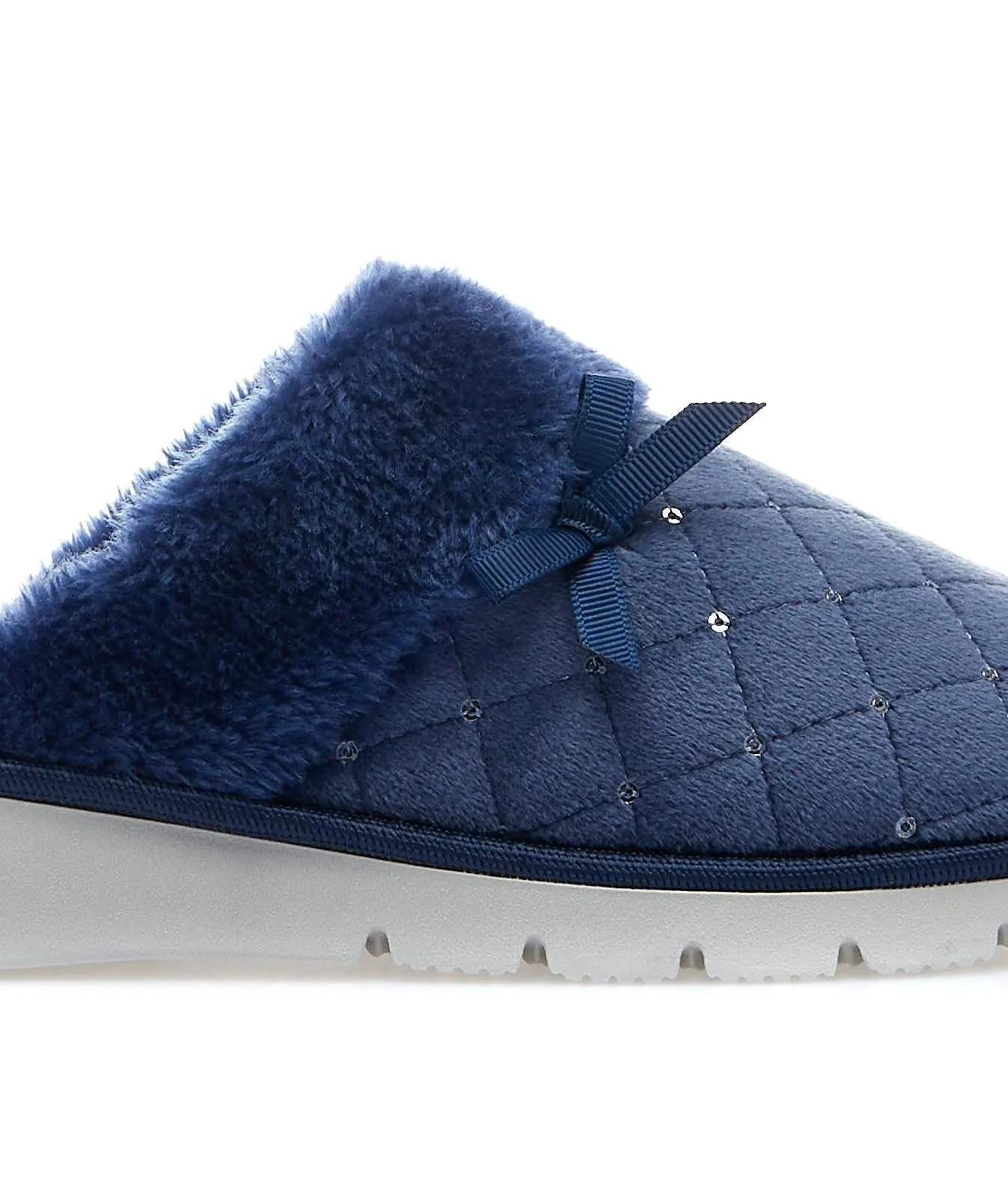Ciabatte blu con peluche con paillettes e zeppina