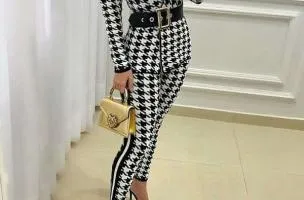 COMPLETO TAILLEUR ELEGANTE CON MOTIVO PEPITA MIRIAMA, BIANCO- NERO