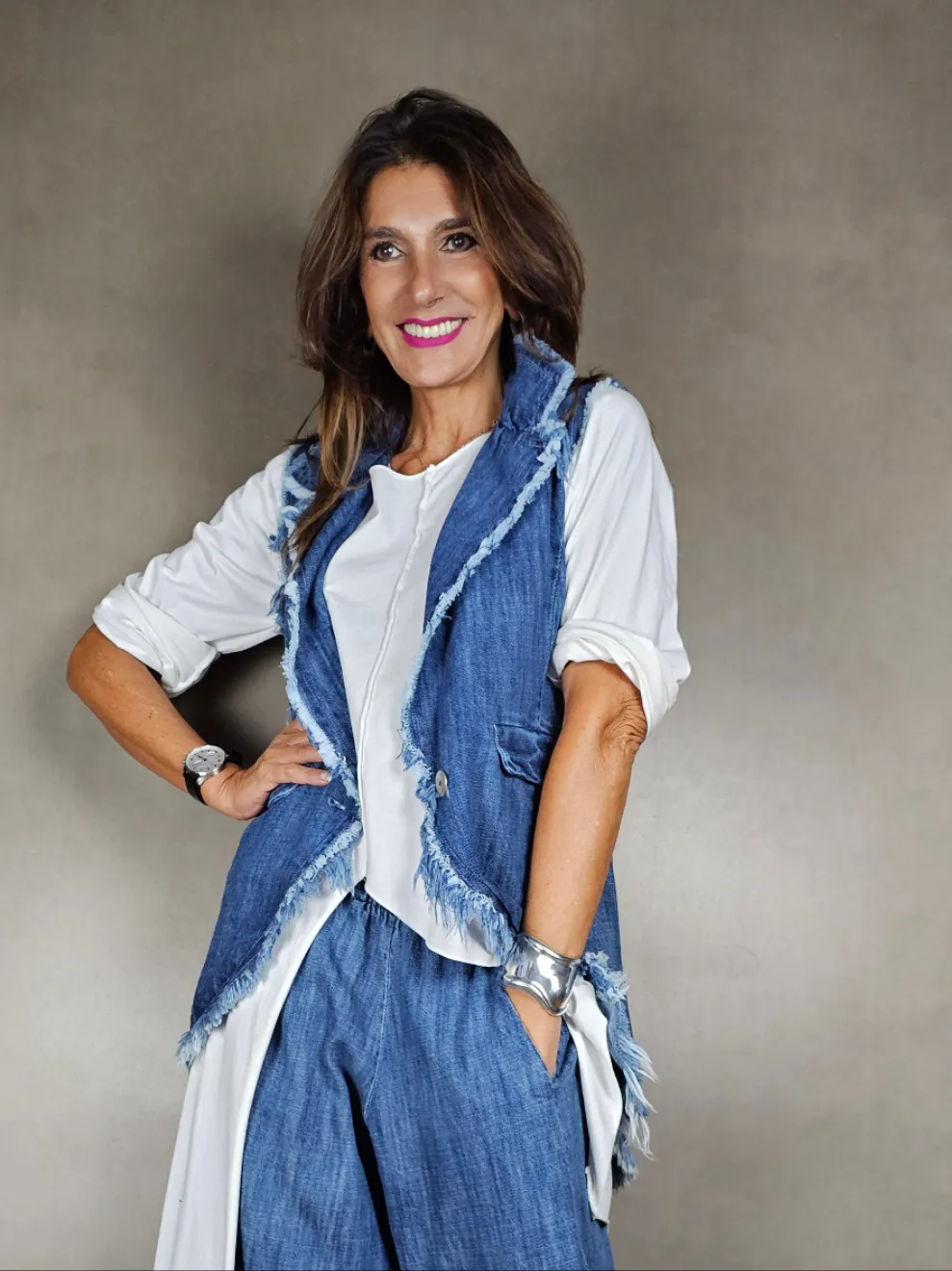 gilet jeans sfrangiato lungo 100co