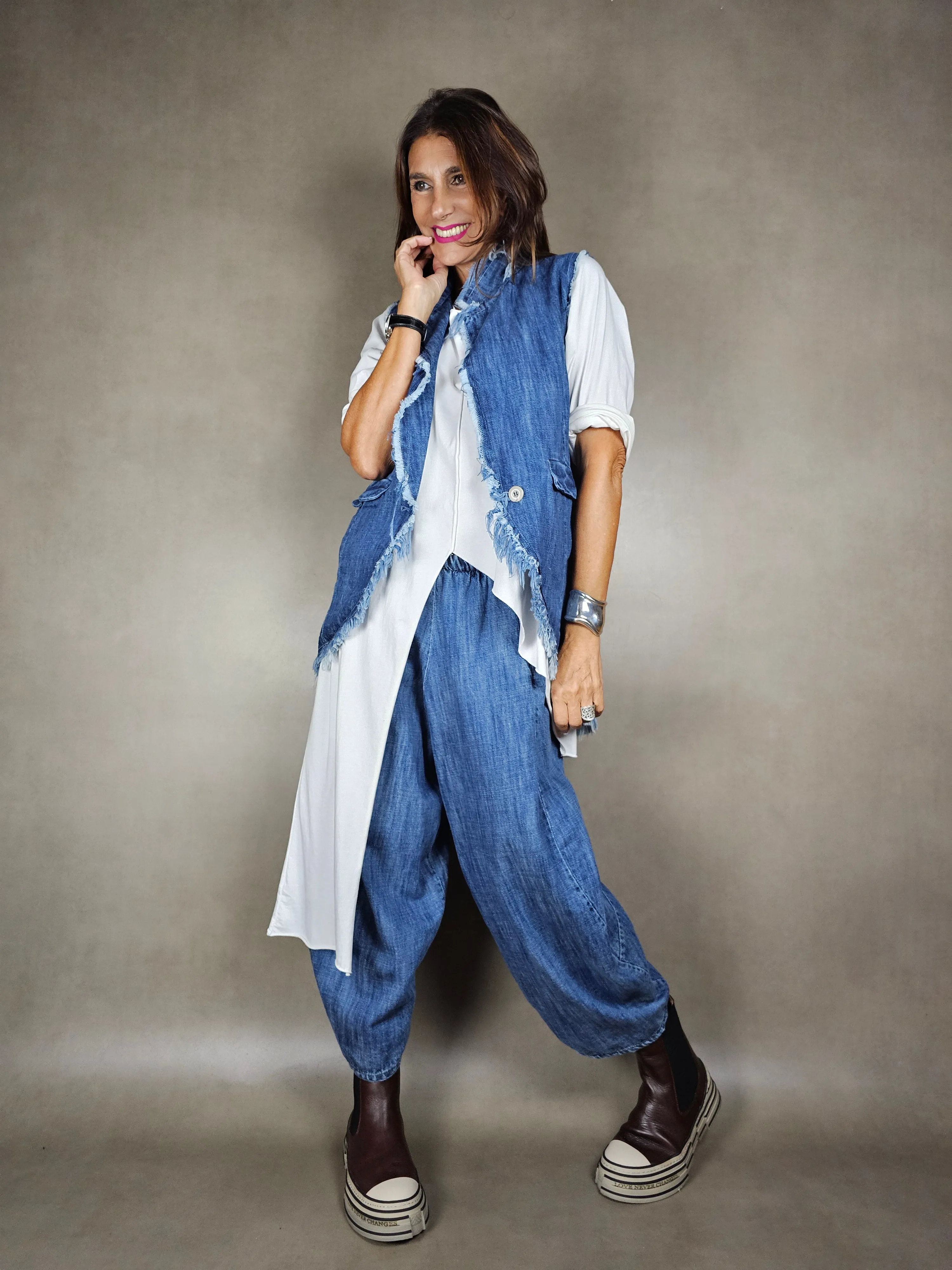gilet jeans sfrangiato lungo 100co