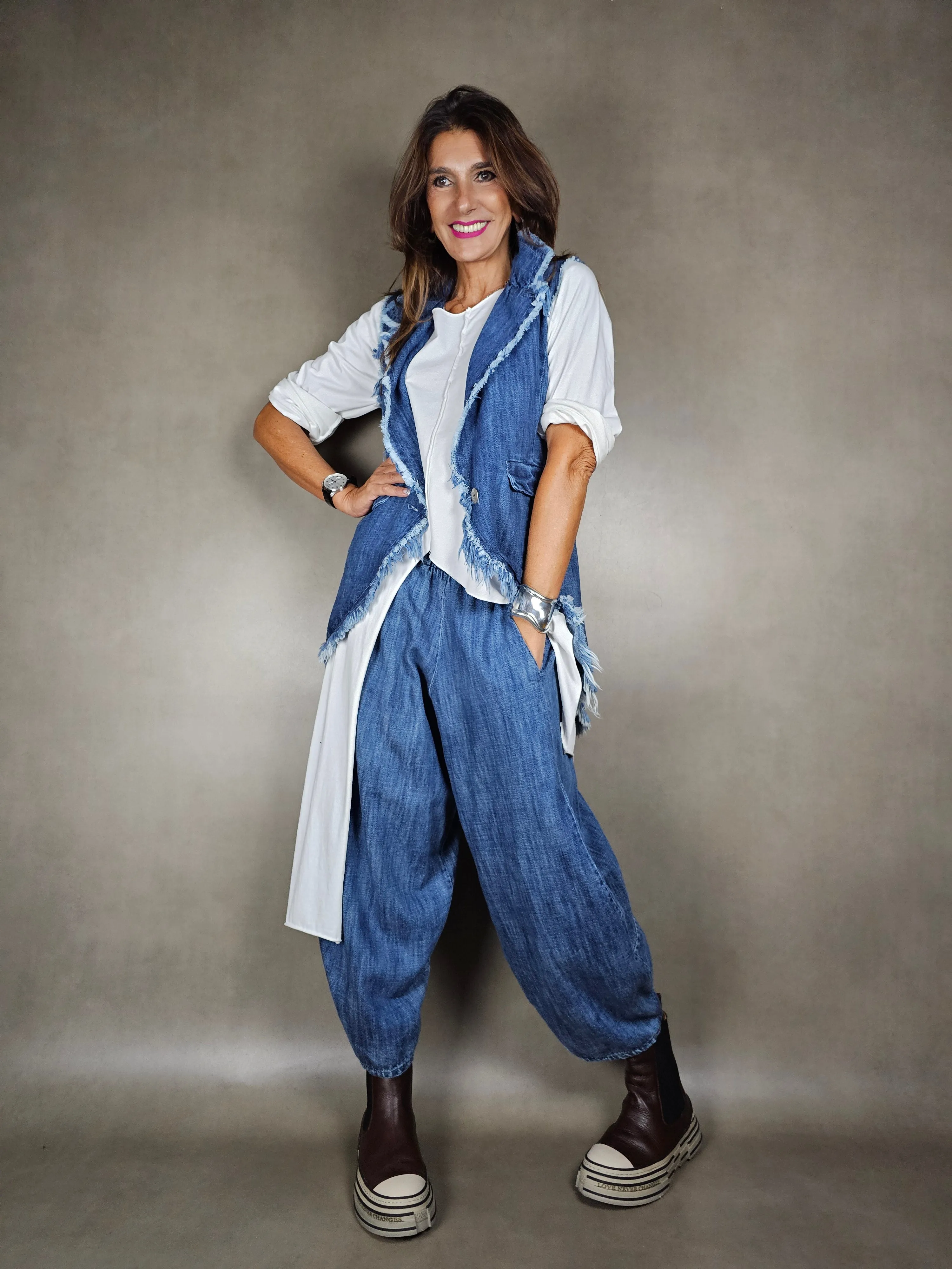 gilet jeans sfrangiato lungo 100co