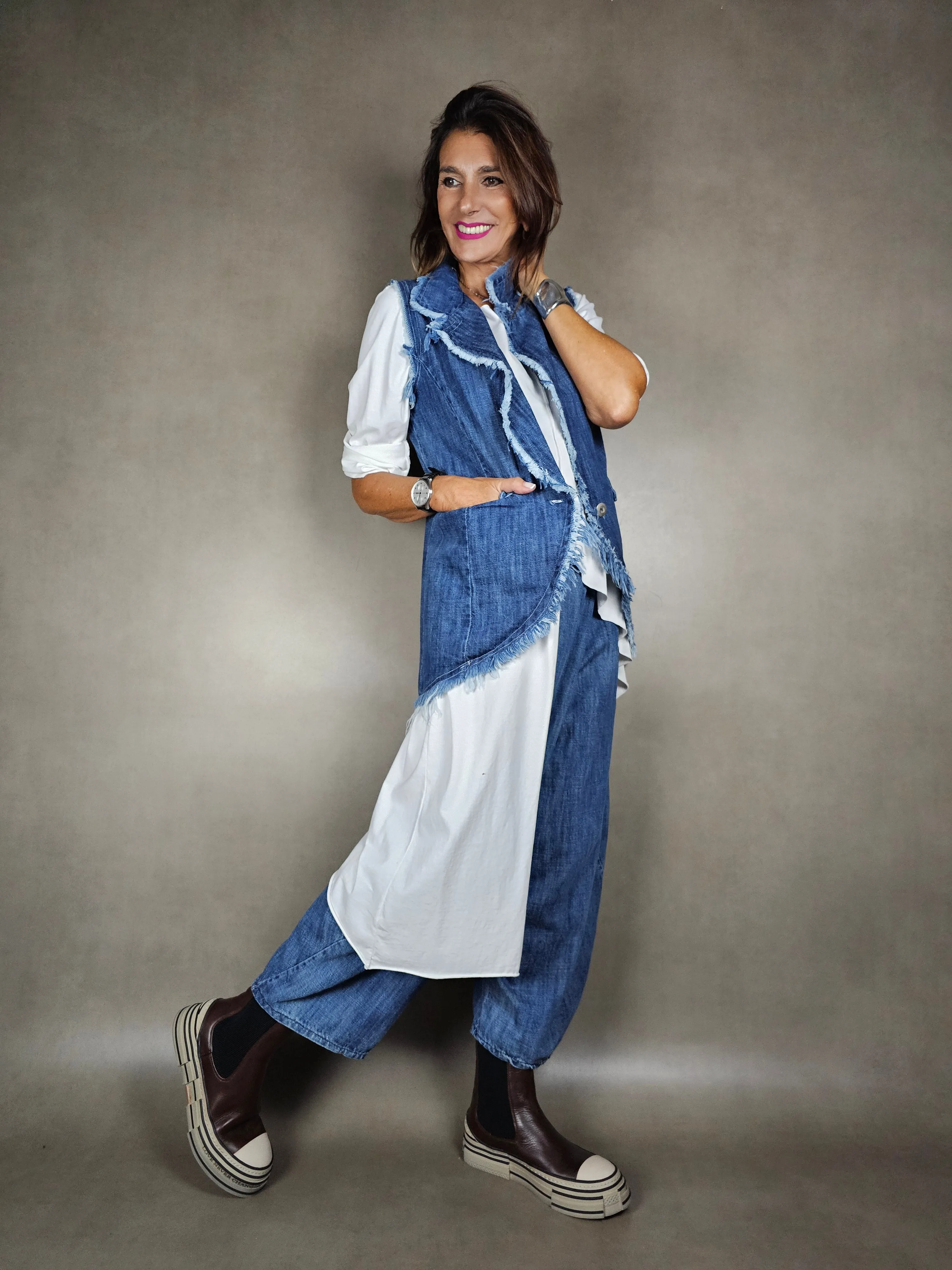 gilet jeans sfrangiato lungo 100co