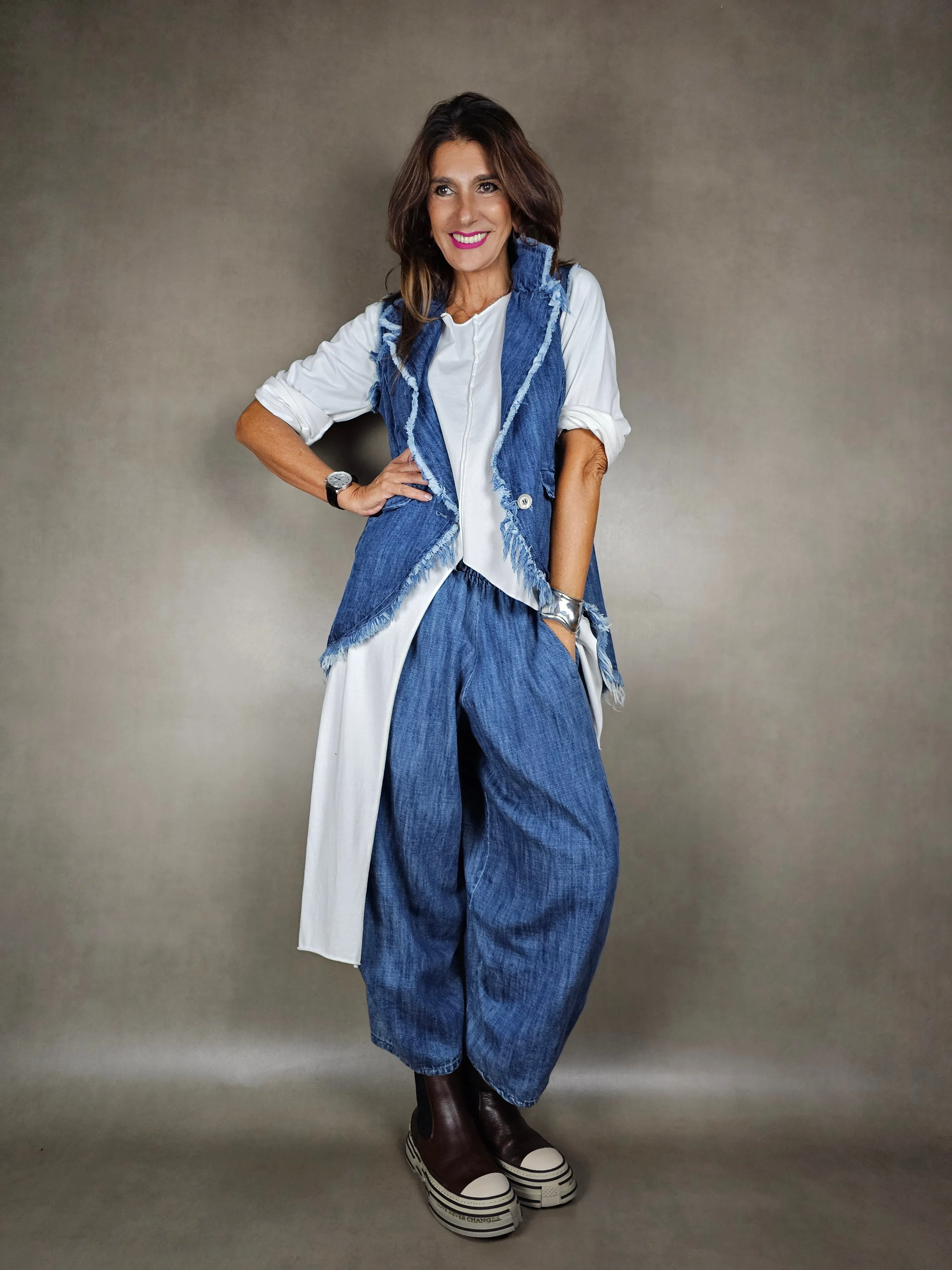 gilet jeans sfrangiato lungo 100co