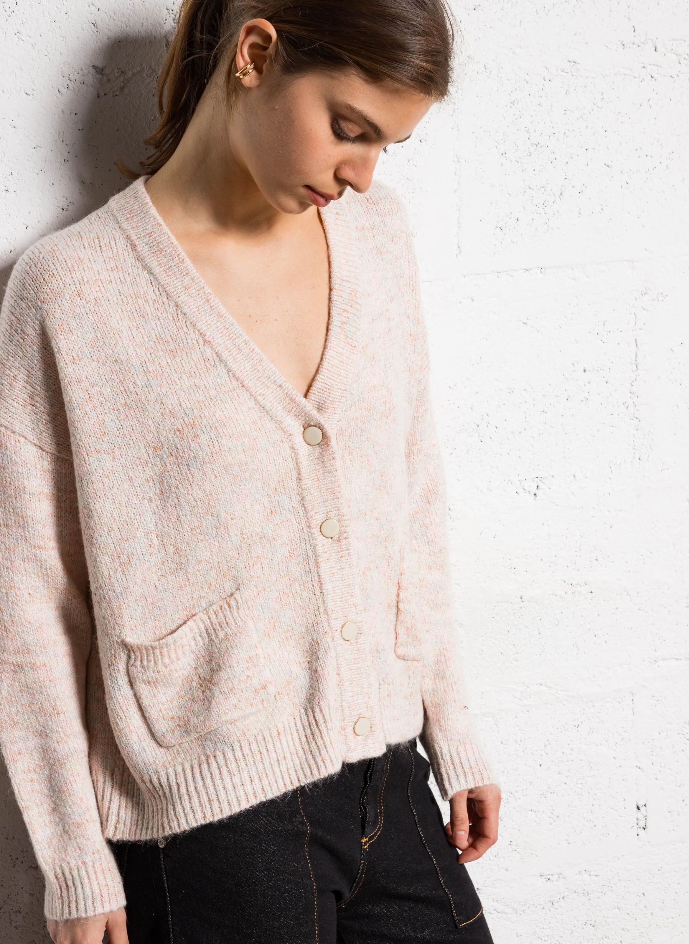  I CODE   Gilet ampio a collo a V jacquard in maglia mista | Bianco