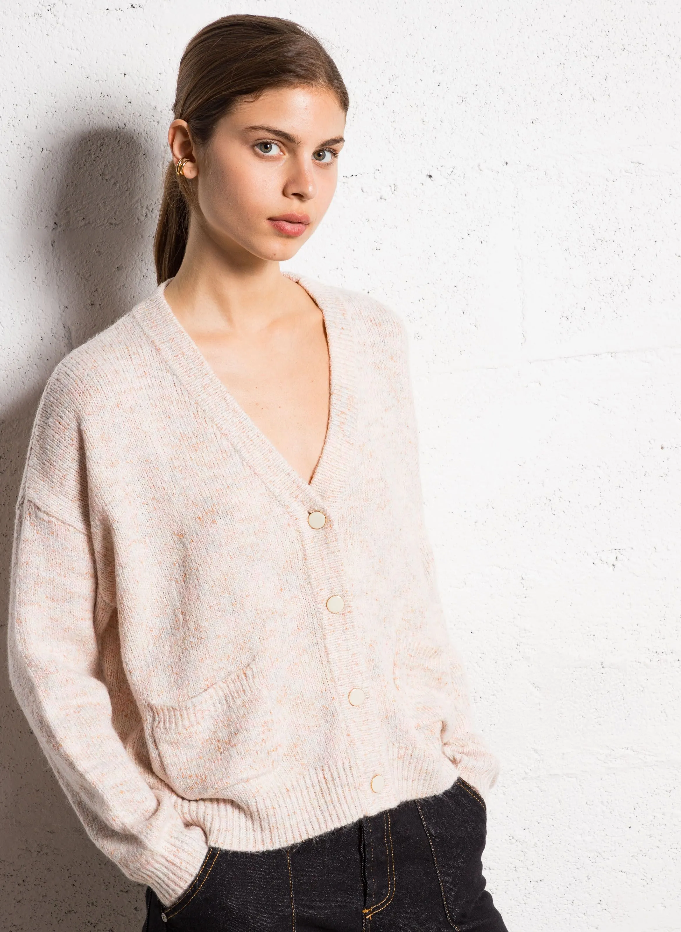  I CODE   Gilet ampio a collo a V jacquard in maglia mista | Bianco