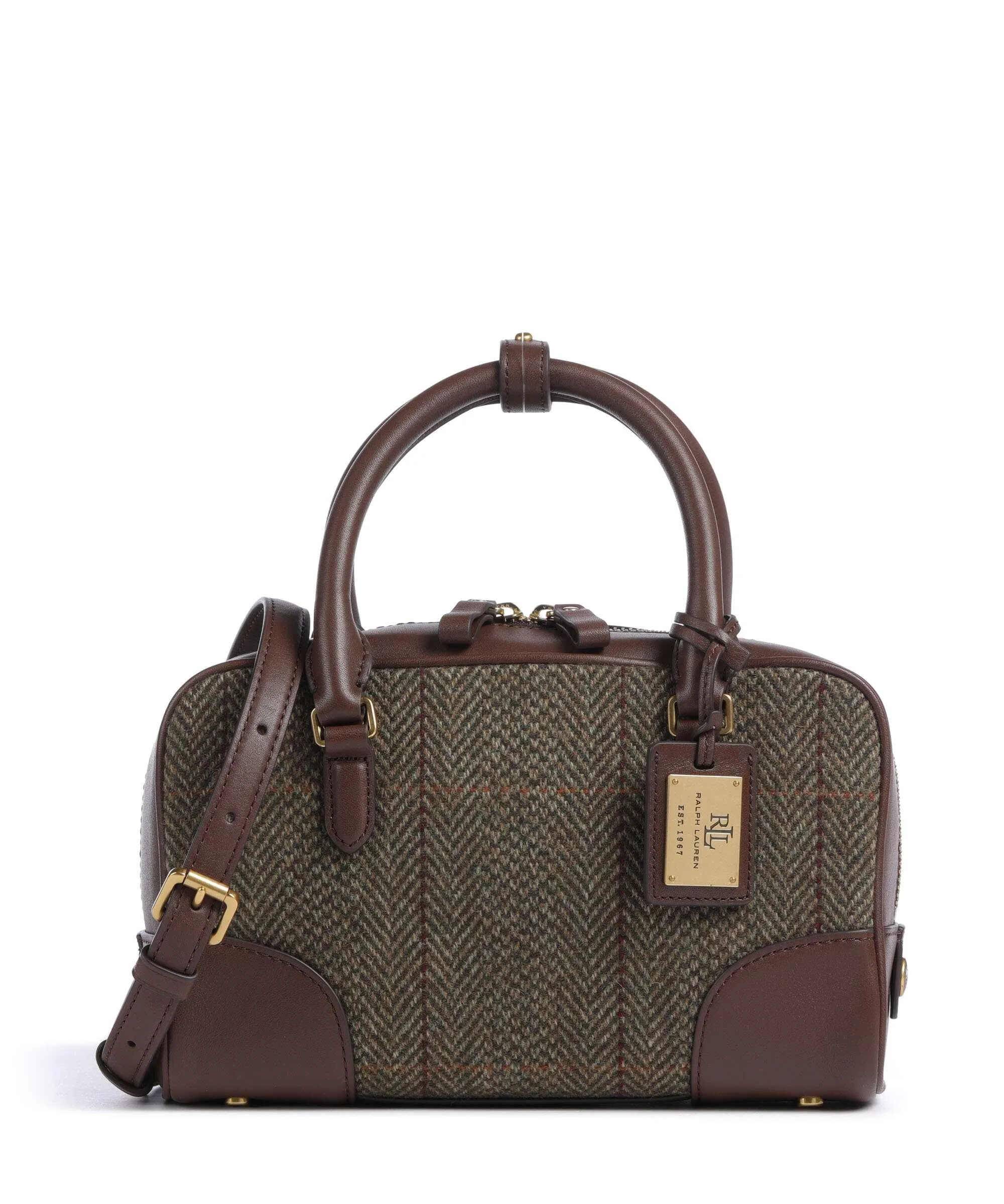  Lauren Ralph Lauren Emerie Small Borsa a mano nylon, lana, pelle di vacchetta finemente grana mogano  