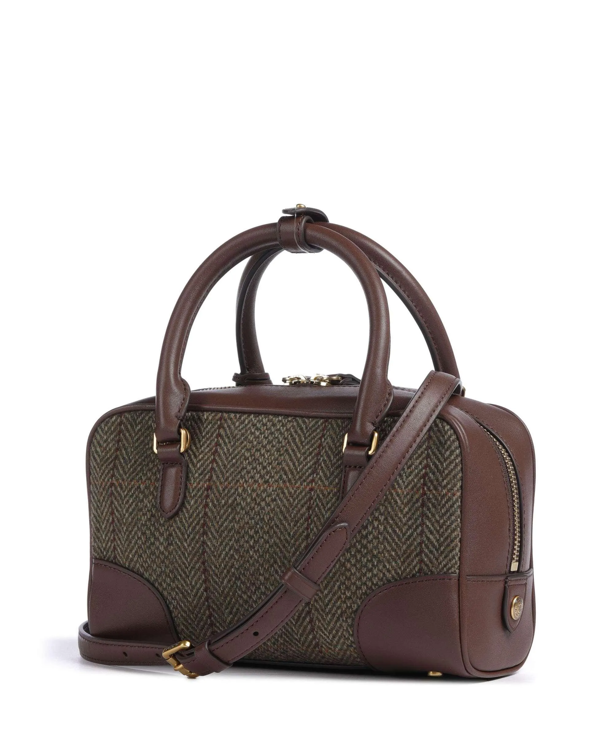  Lauren Ralph Lauren Emerie Small Borsa a mano nylon, lana, pelle di vacchetta finemente grana mogano  