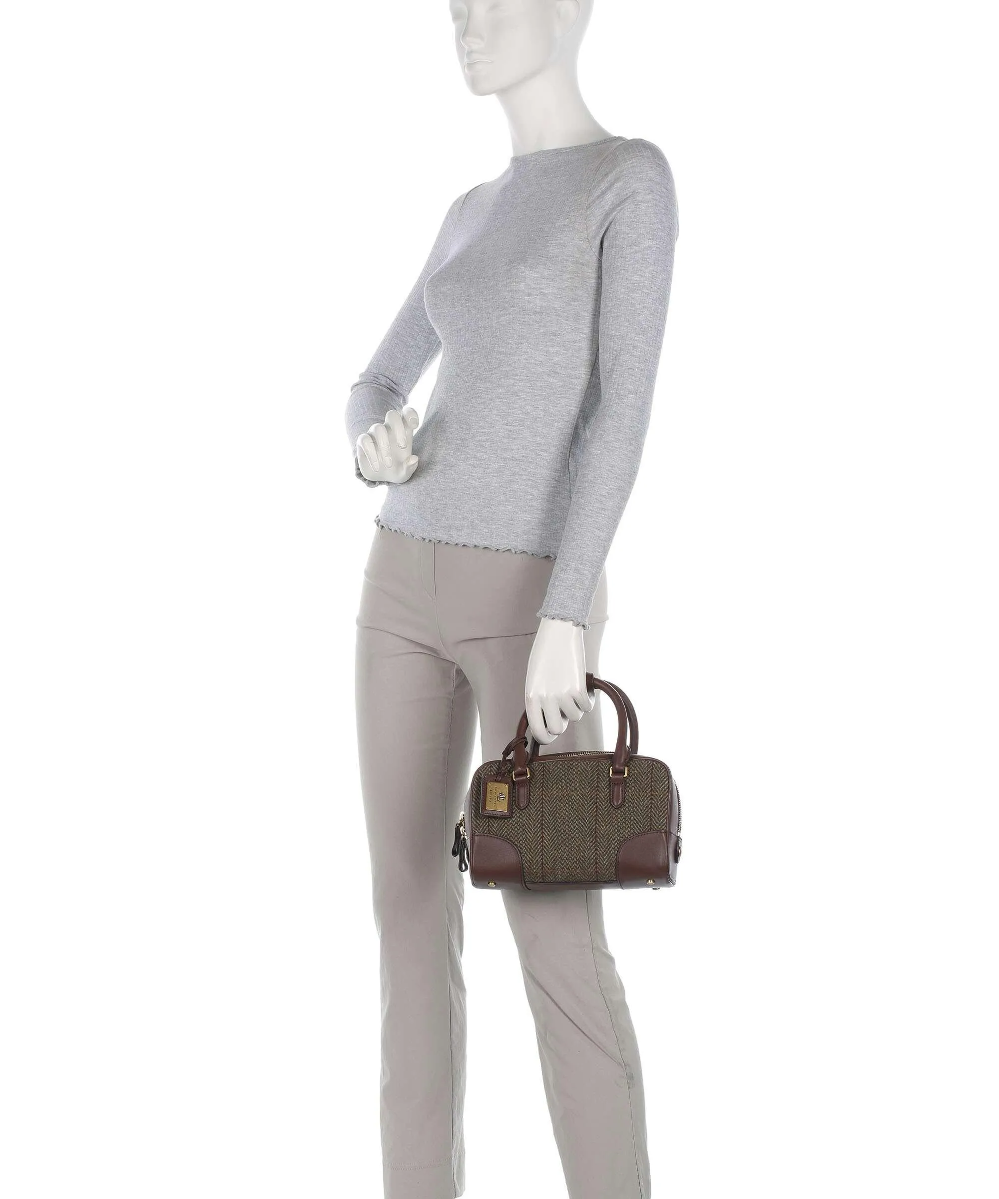  Lauren Ralph Lauren Emerie Small Borsa a mano nylon, lana, pelle di vacchetta finemente grana mogano  