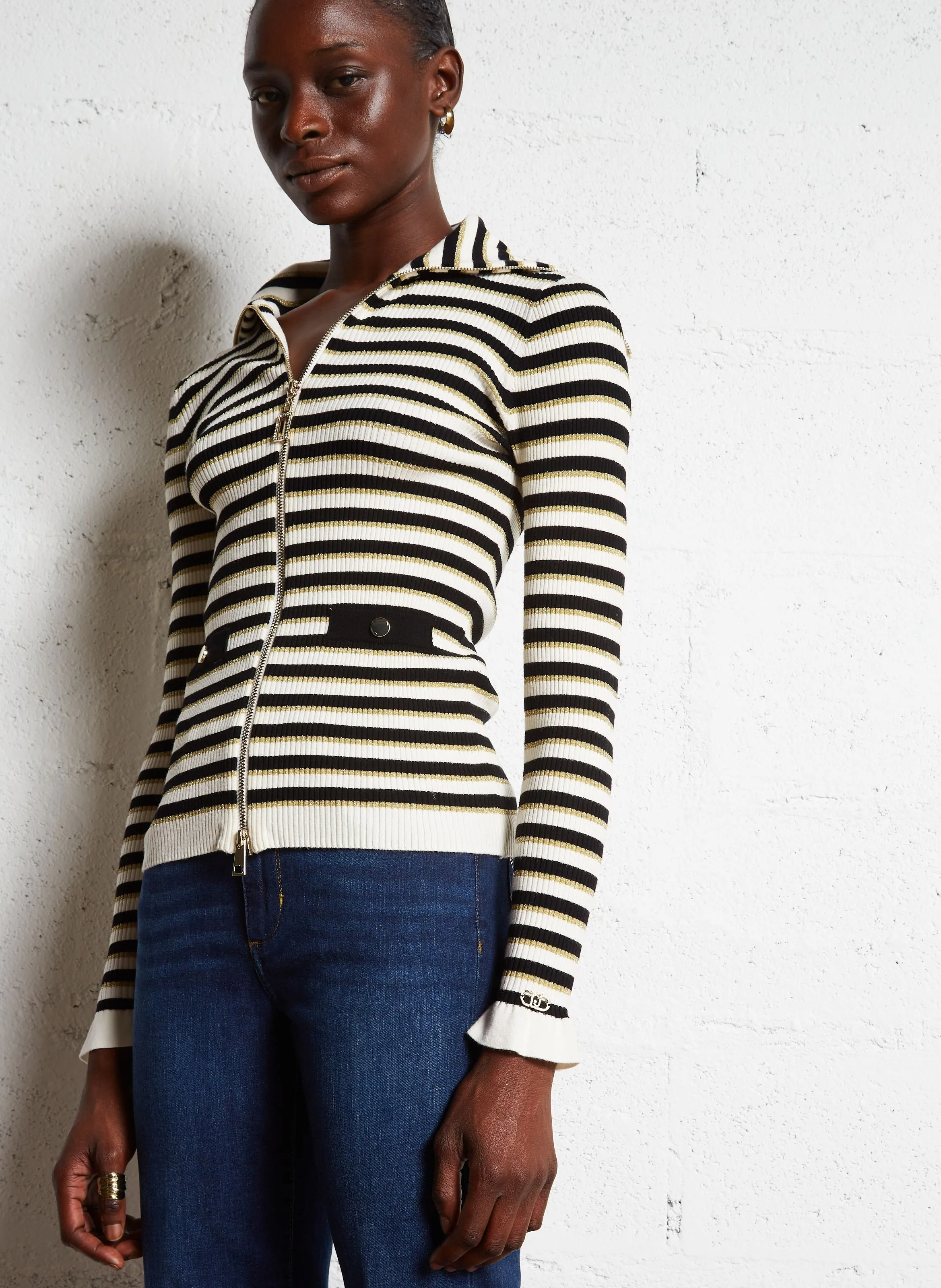  LIU JO   Gilet con collo alla coreana a righe | Nero