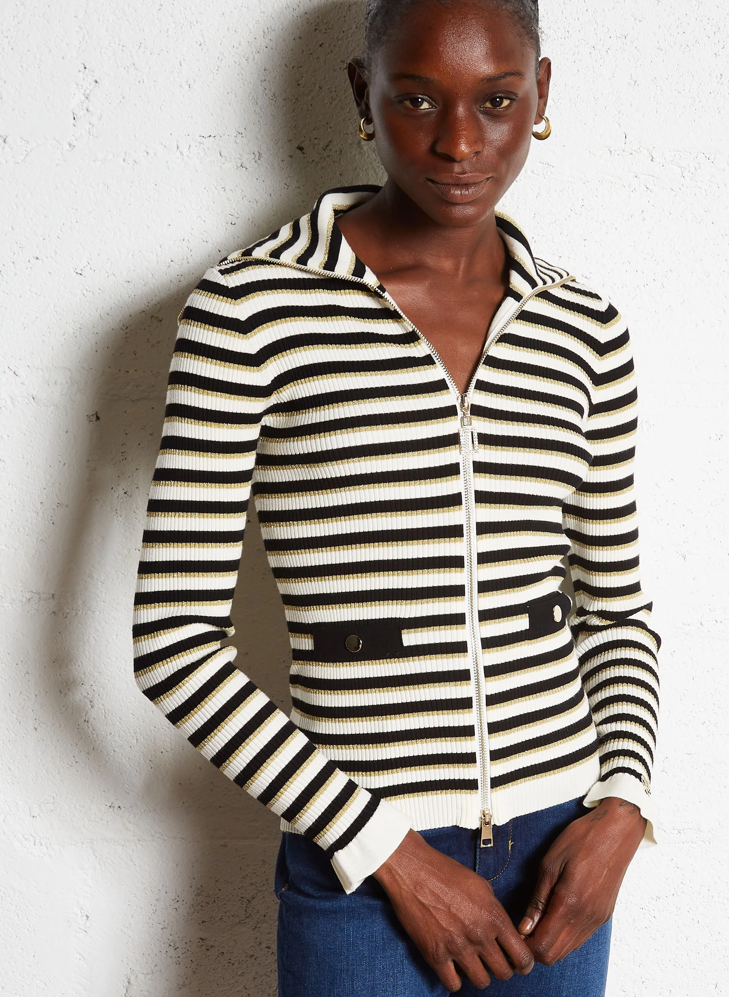  LIU JO   Gilet con collo alla coreana a righe | Nero