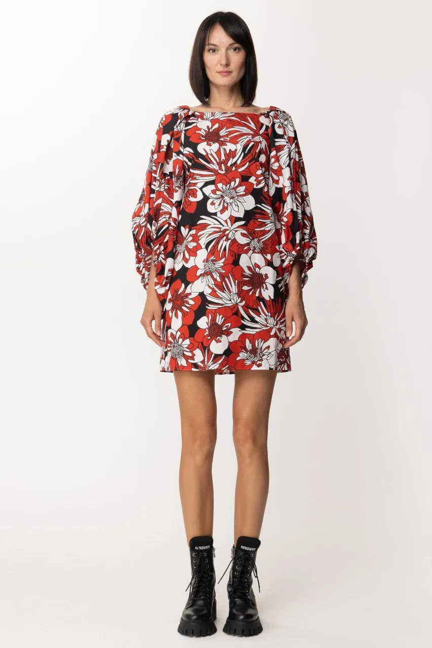 Mini abito fiori con scollo sul retro Rosso-Bianco-Nero