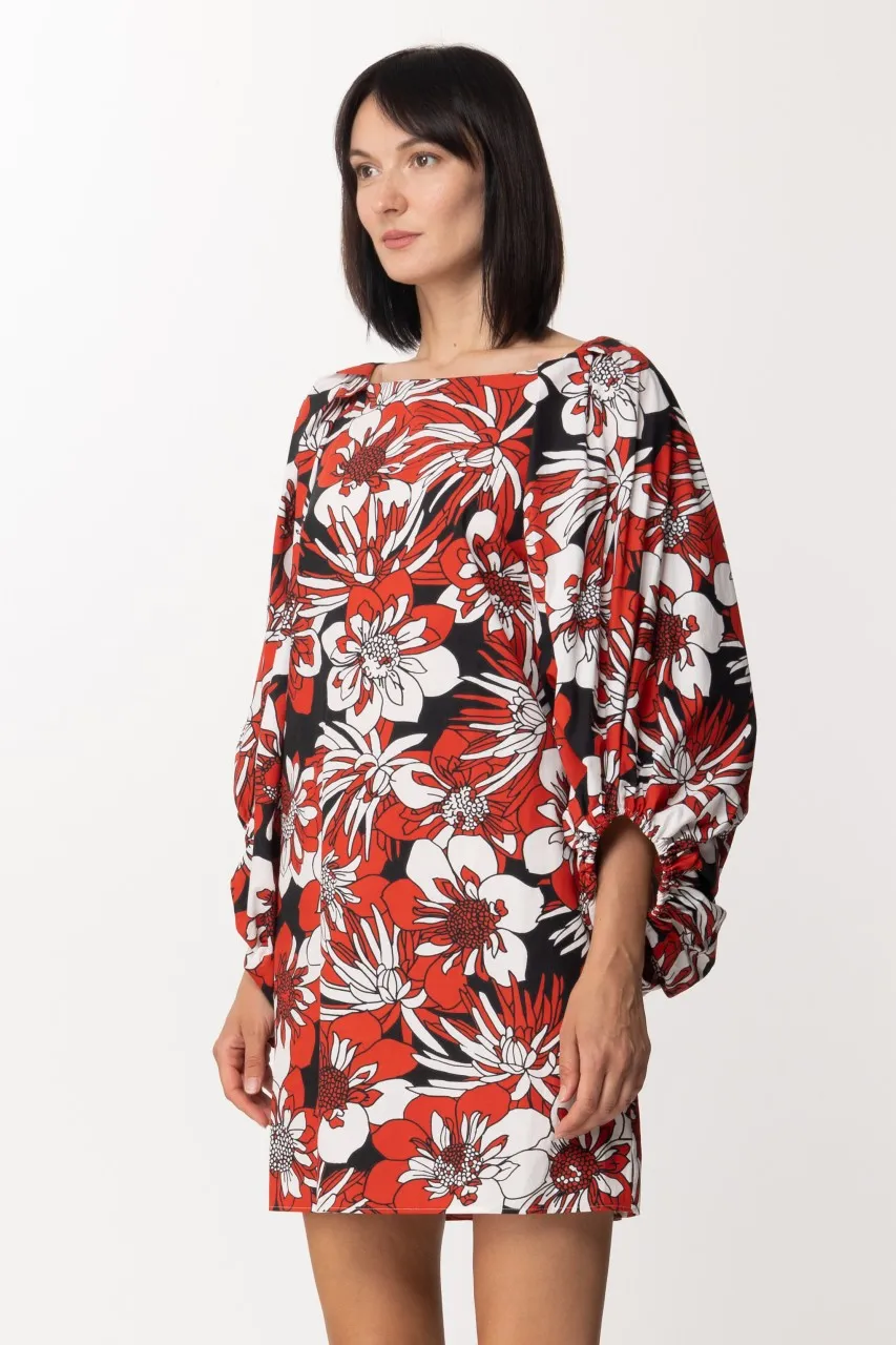 Mini abito fiori con scollo sul retro Rosso-Bianco-Nero