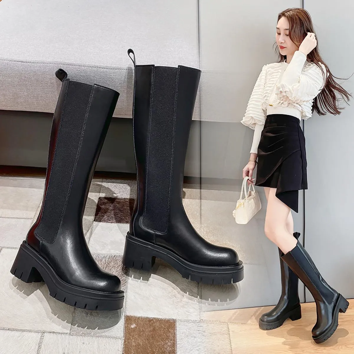 Moda donna Stivali alti alla coscia Scarpe con tacco alto Primavera Autunno Piattaforma Cavaliere Stivale Tendenza Cowboy Lungo