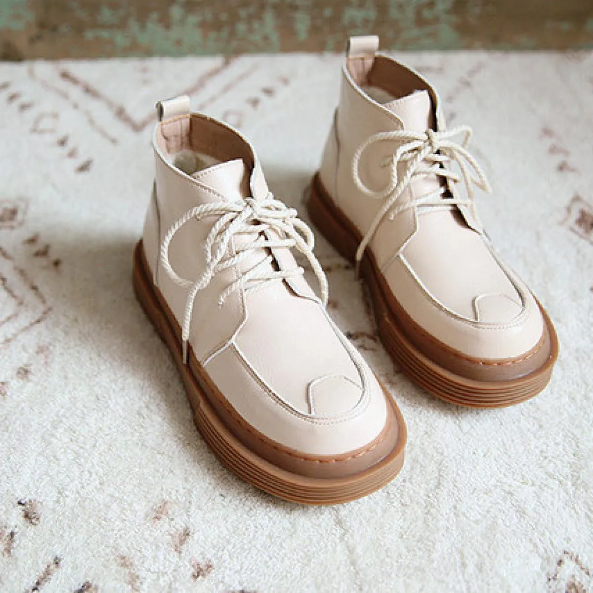 Mori Letterario Retro Punta Rotonda Stringati Stivali da Donna Stile Britannico Fondo Spesso Stivali da Donna Fatti a Mano Piatt