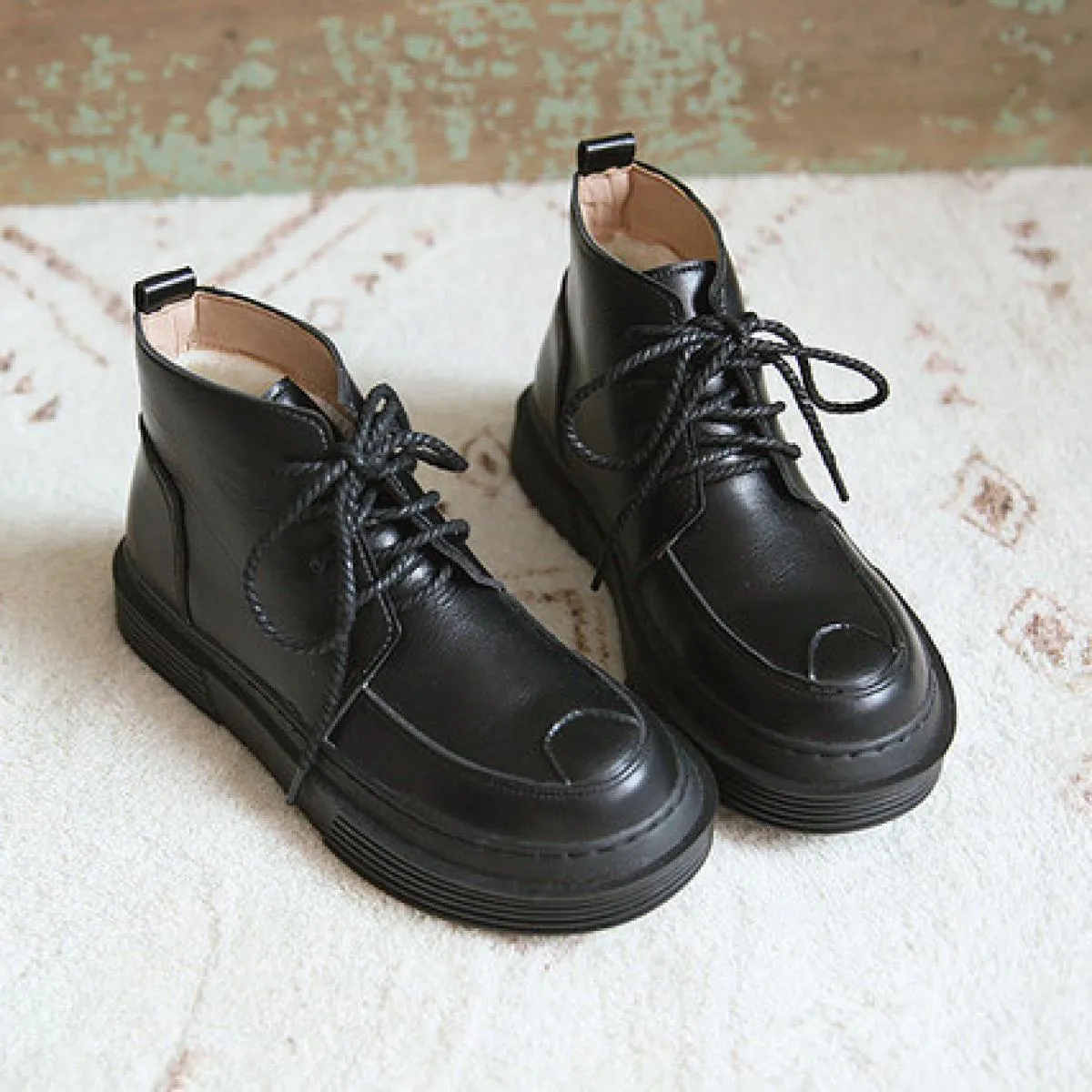 Mori Letterario Retro Punta Rotonda Stringati Stivali da Donna Stile Britannico Fondo Spesso Stivali da Donna Fatti a Mano Piatt