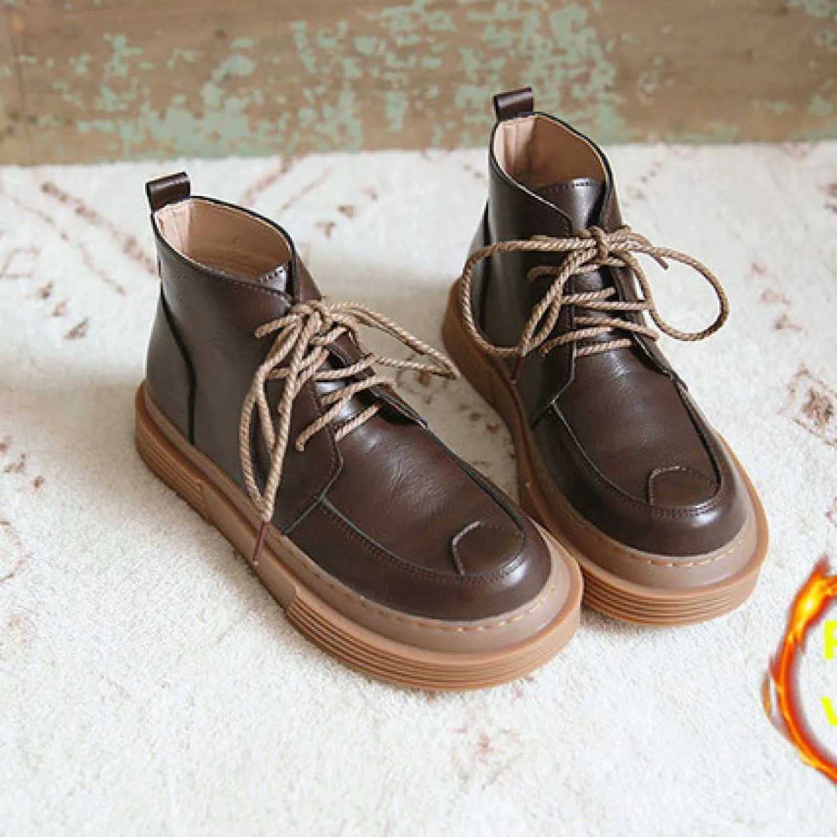 Mori Letterario Retro Punta Rotonda Stringati Stivali da Donna Stile Britannico Fondo Spesso Stivali da Donna Fatti a Mano Piatt