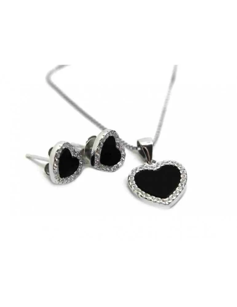 NALBORI orecchini e collana con ciondolo cuore in argento 925 onice e zirconi