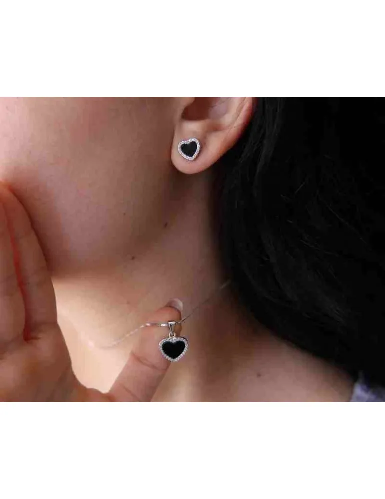 NALBORI orecchini e collana con ciondolo cuore in argento 925 onice e zirconi