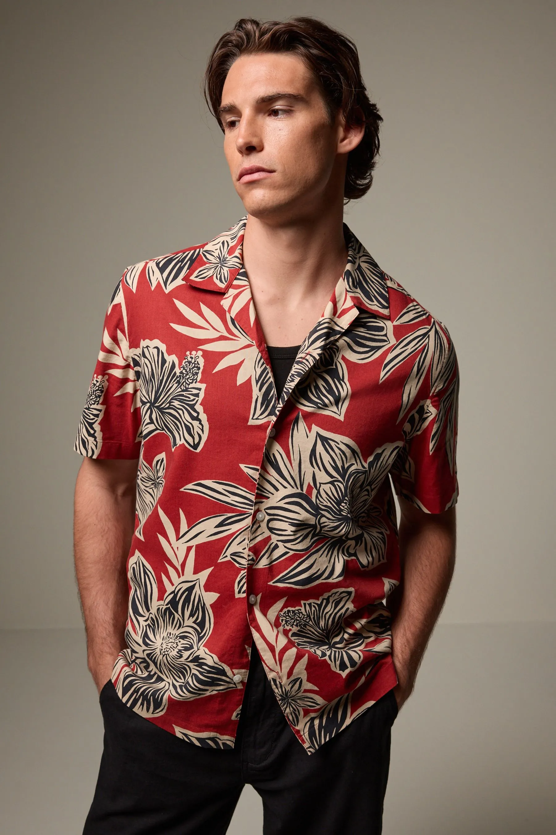 Rosso  - Camicia a maniche corte a fiori