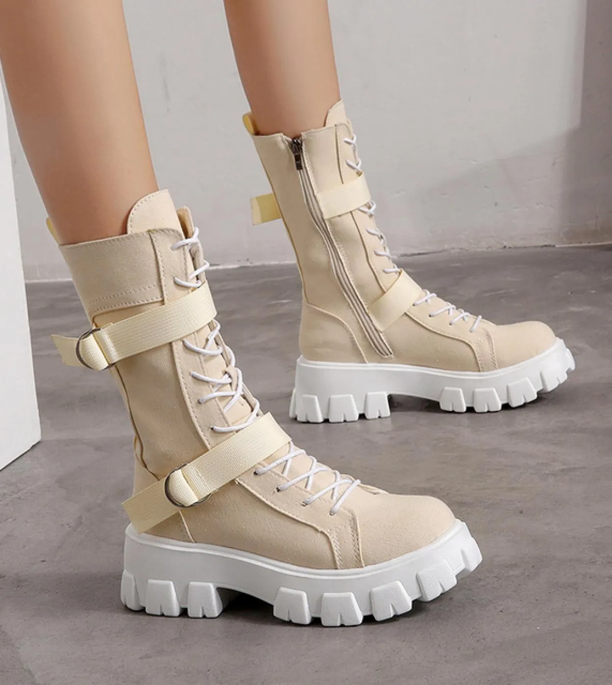Scarpe da donna 2022 Nuova piattaforma stile primaverile Stivali comodi Cerniera Casual a metà polpaccio Punta tonda piatta con
