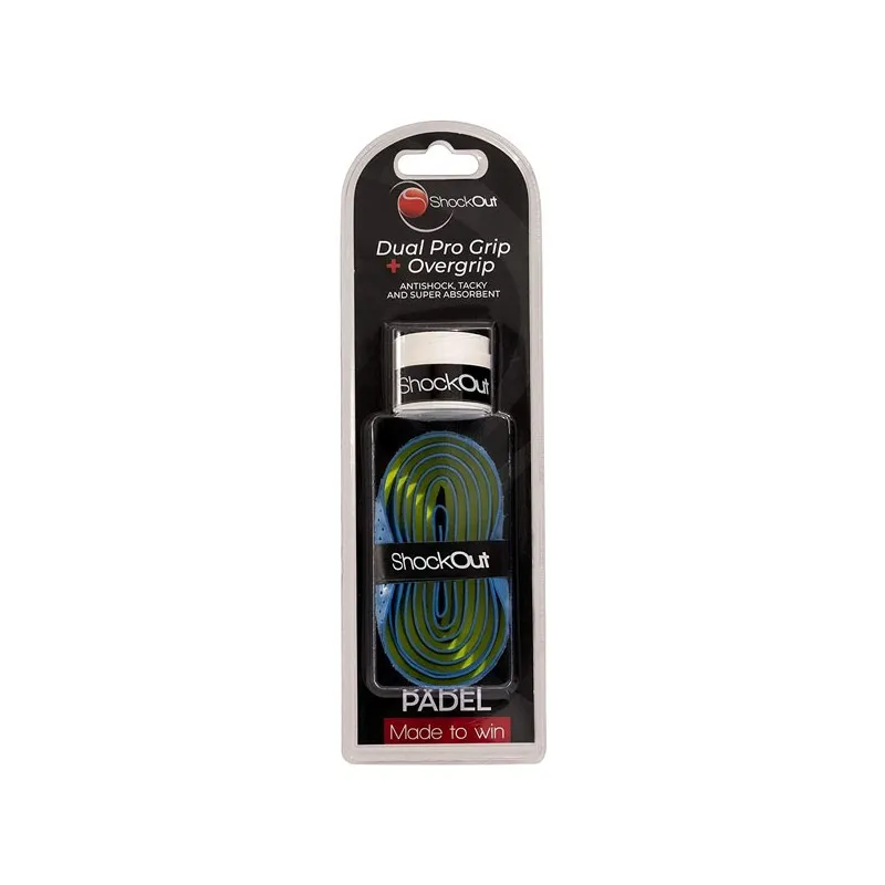 SHOCKOUT DUAL PRO GRIP + OVERGRIP ANTI VIBRAZIONE TRASPIRANTE PADEL PER PALA RACCHETTA PADDLE TENNIS - AZZURRO/GIALLO