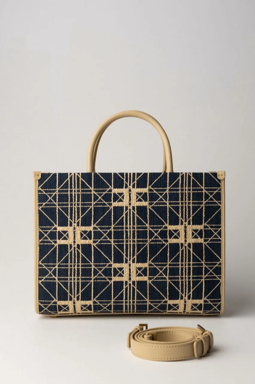 Shopper grande in rafia con logo Denim/Paglia
