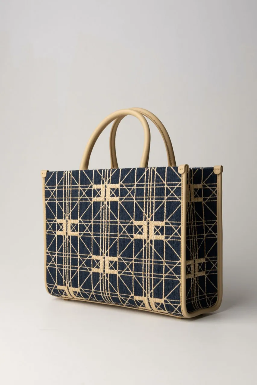 Shopper grande in rafia con logo Denim/Paglia