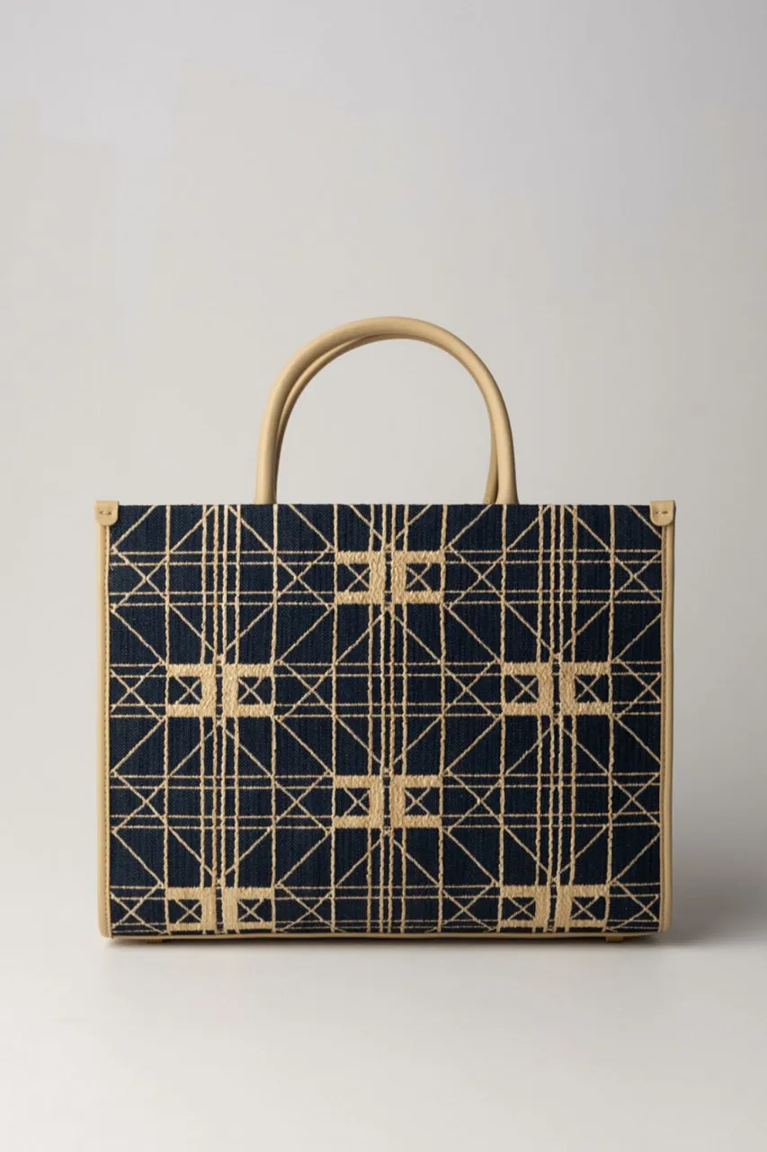 Shopper grande in rafia con logo Denim/Paglia