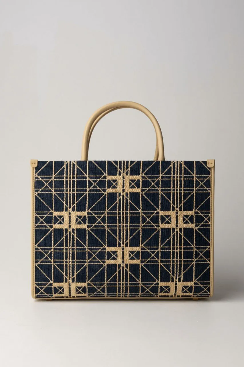 Shopper media in rafia con logo Denim/Paglia