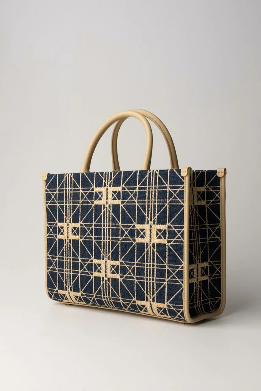 Shopper media in rafia con logo Denim/Paglia