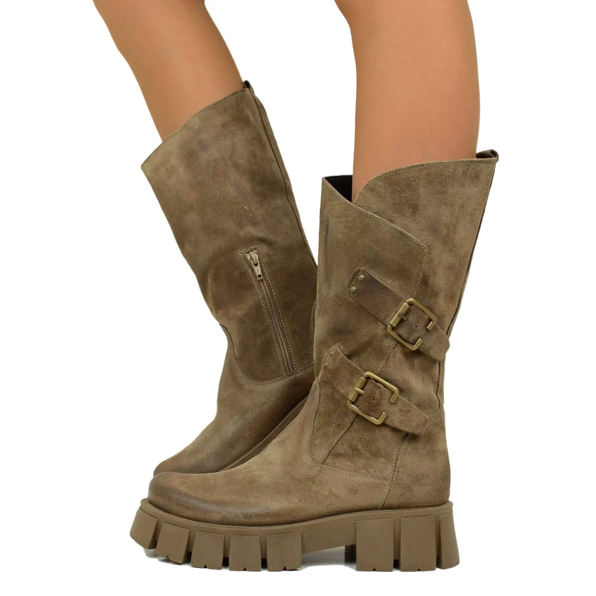 Stivali Donna Biker in Pelle Scamosciata Taupe con Fondo Platform