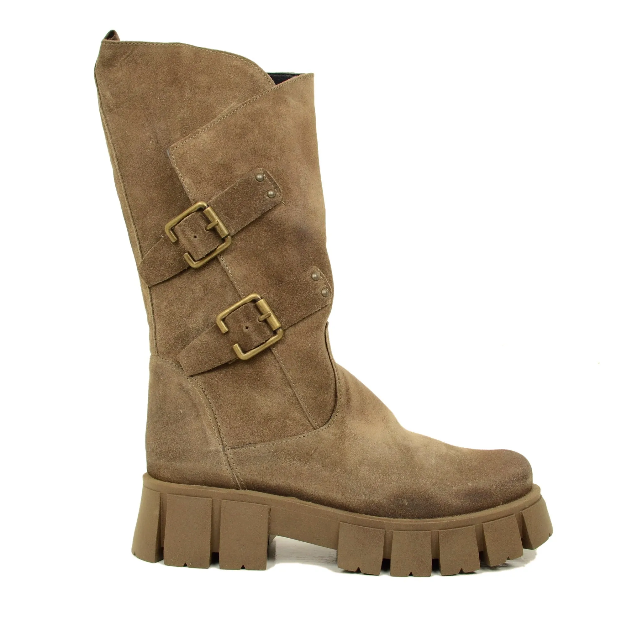 Stivali Donna Biker in Pelle Scamosciata Taupe con Fondo Platform