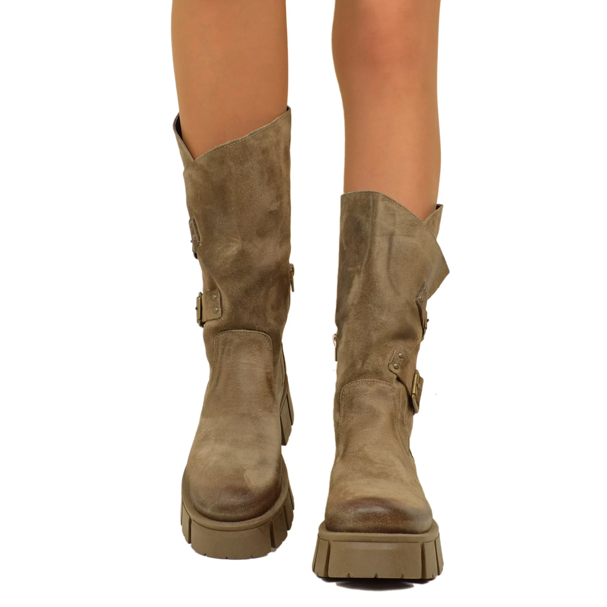 Stivali Donna Biker in Pelle Scamosciata Taupe con Fondo Platform