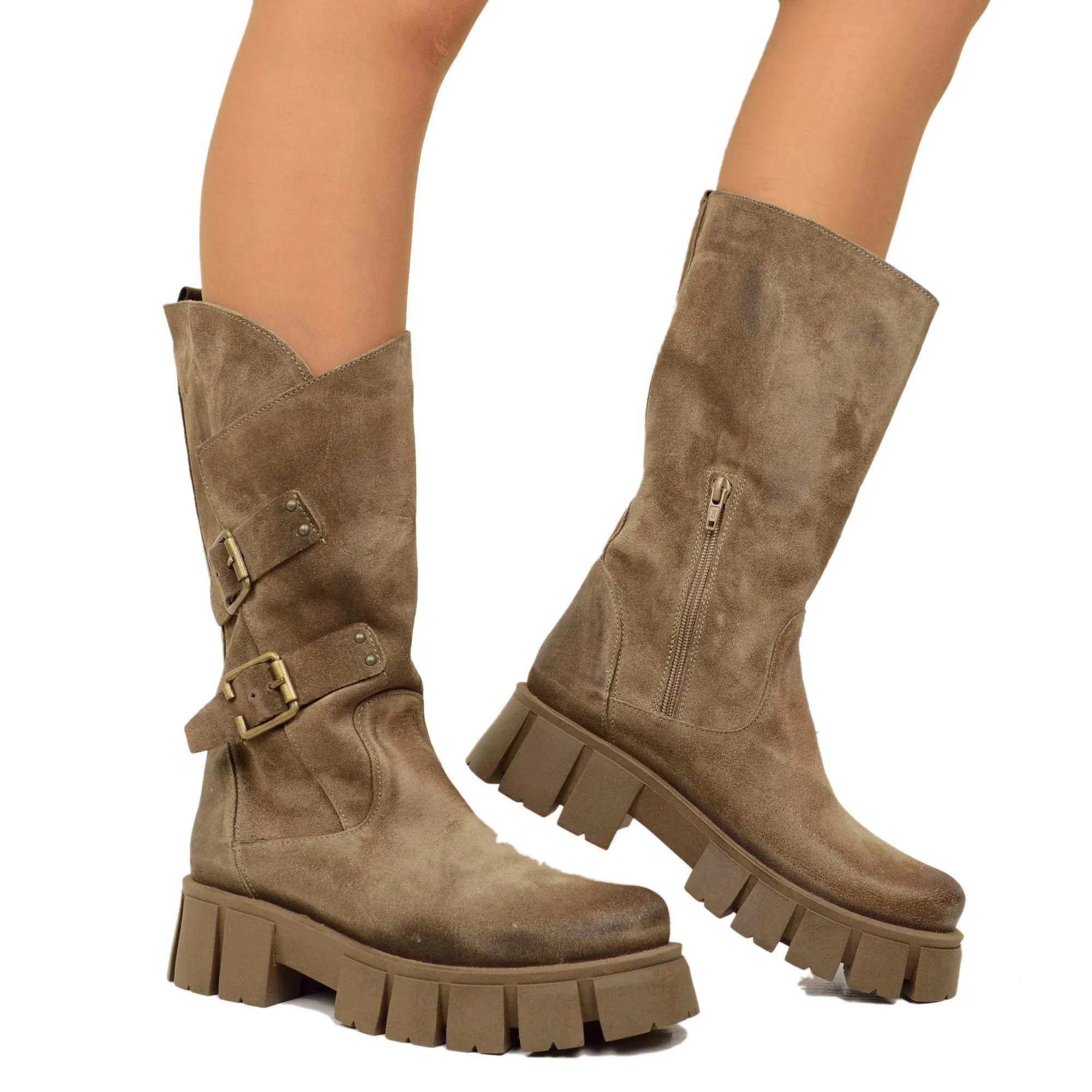 Stivali Donna Biker in Pelle Scamosciata Taupe con Fondo Platform