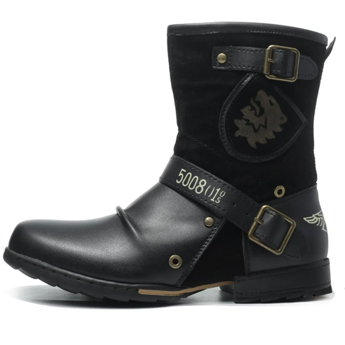 Stivali in pelle da uomo Fibbia per cintura vintage Testa tonda Stivali da cowboy occidentali taglie forti Scarpe con plateau da