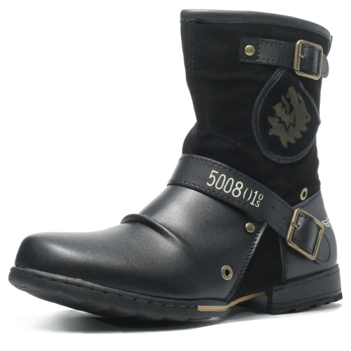 Stivali in pelle da uomo Fibbia per cintura vintage Testa tonda Stivali da cowboy occidentali taglie forti Scarpe con plateau da
