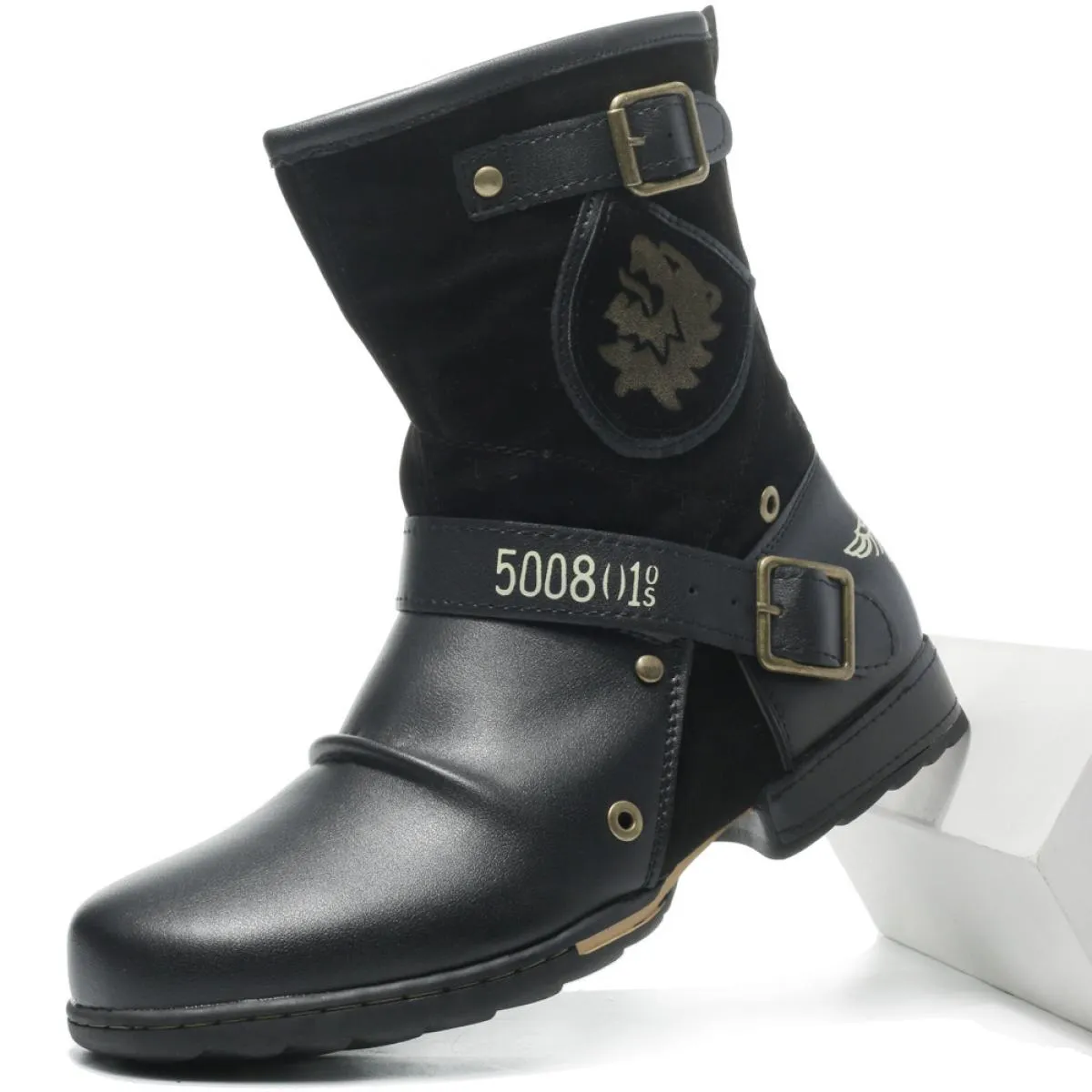 Stivali in pelle da uomo Fibbia per cintura vintage Testa tonda Stivali da cowboy occidentali taglie forti Scarpe con plateau da