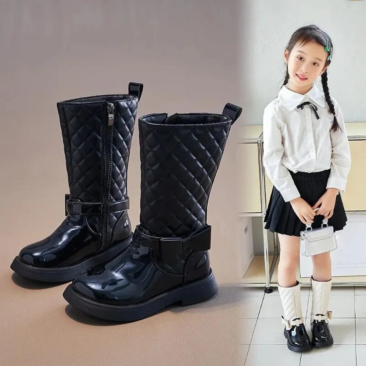 Stivali lunghi neri lucidi per ragazze nuovi stivali alti con cerniera laterale 2024 moda per bambini arco scarpe casual per rag