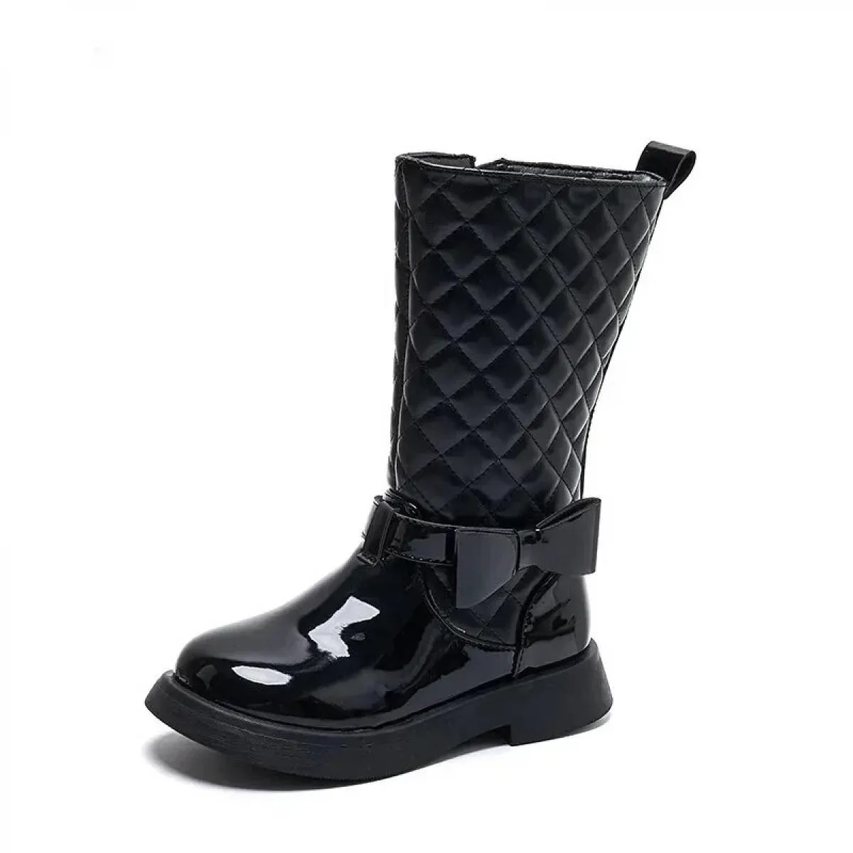 Stivali lunghi neri lucidi per ragazze nuovi stivali alti con cerniera laterale 2024 moda per bambini arco scarpe casual per rag