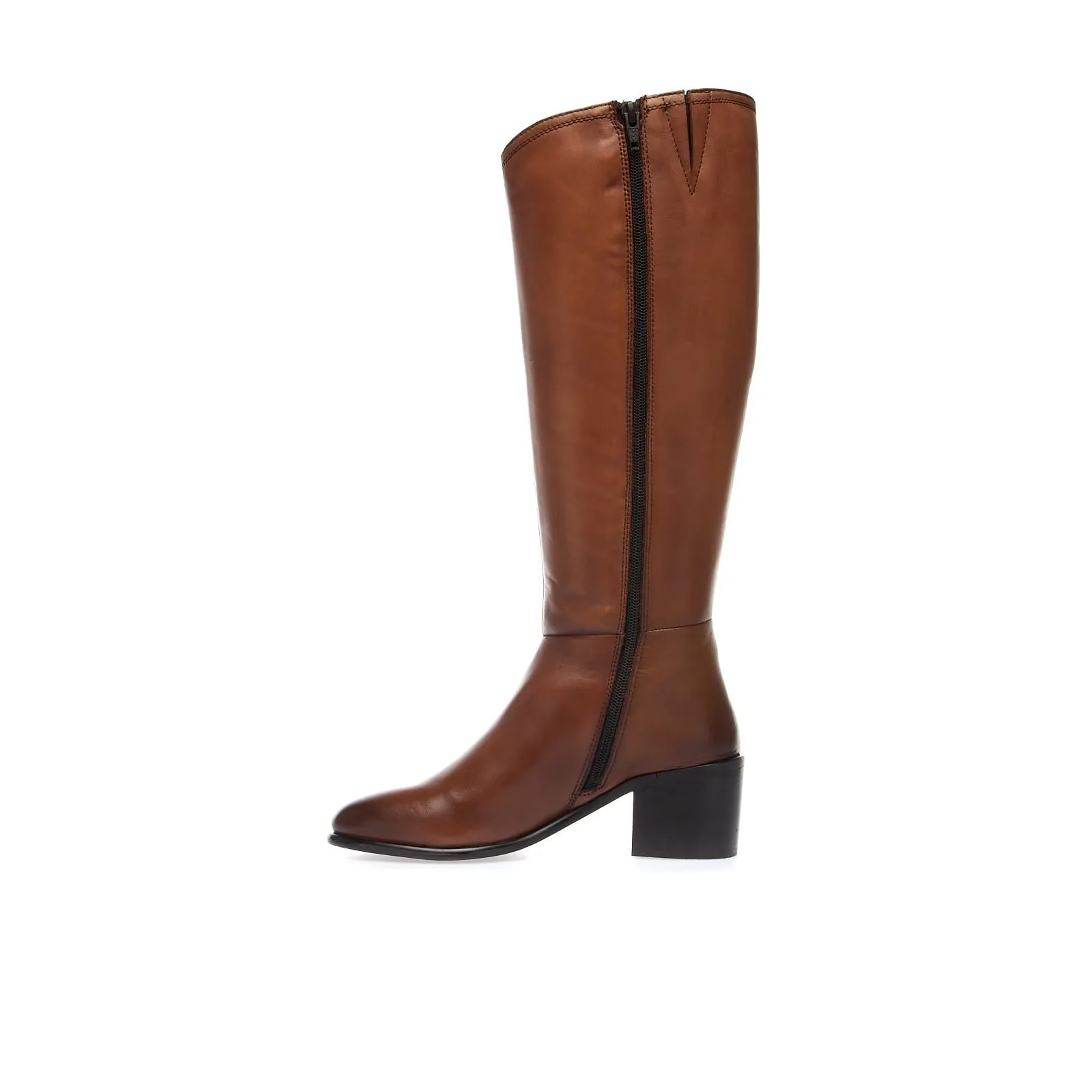 Stivali marroni in pelle con tacco medio largo e zip interna